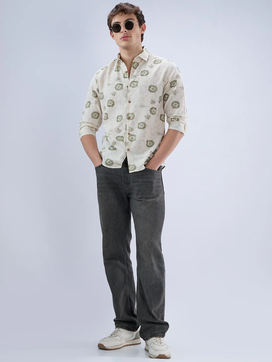 Elegant Warm Beige & Green Embroidered Linen Blend Statement Shirt - Image 7