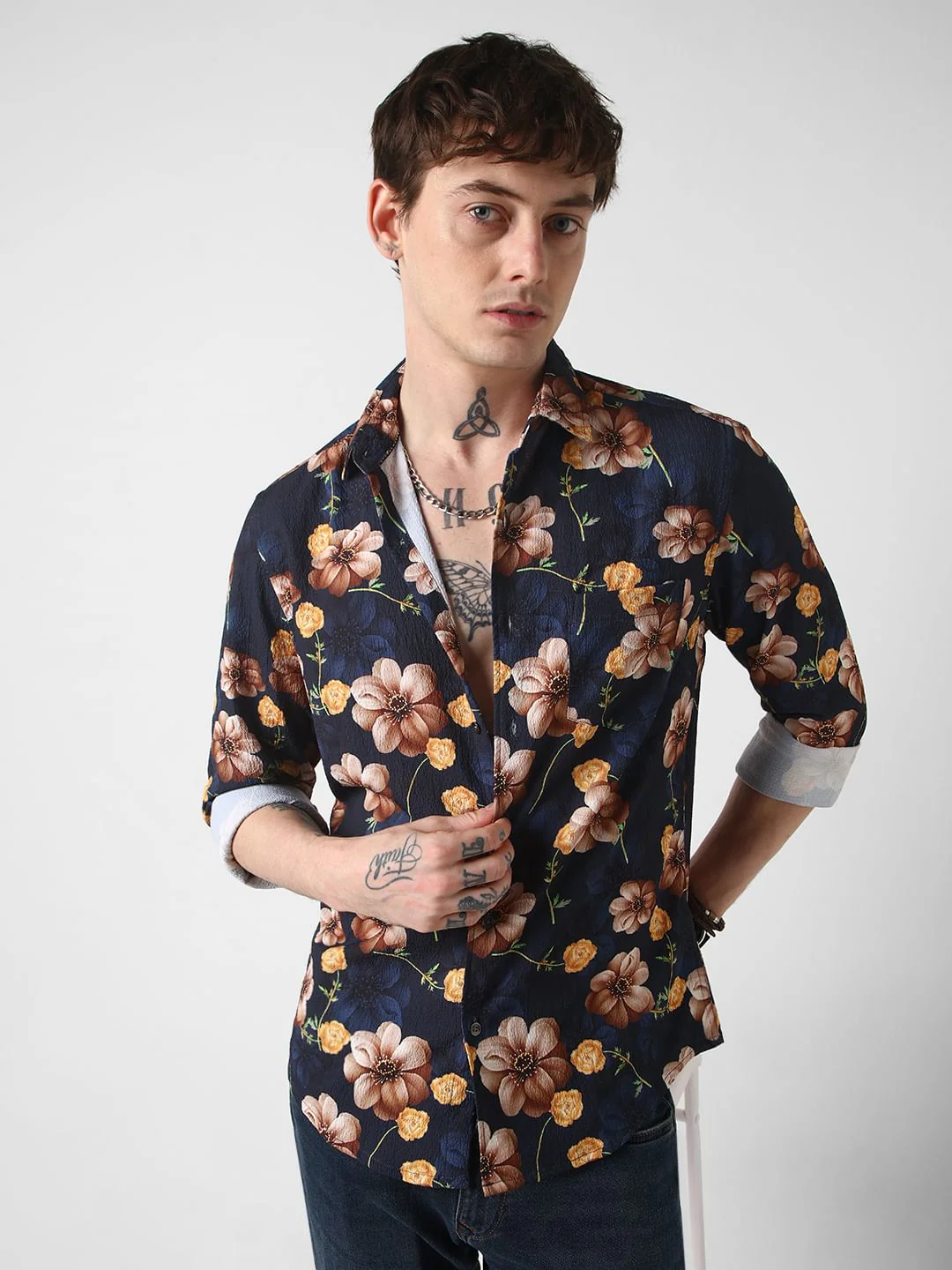 Exquisite Navy Floret Crushed Shirt - Image 4
