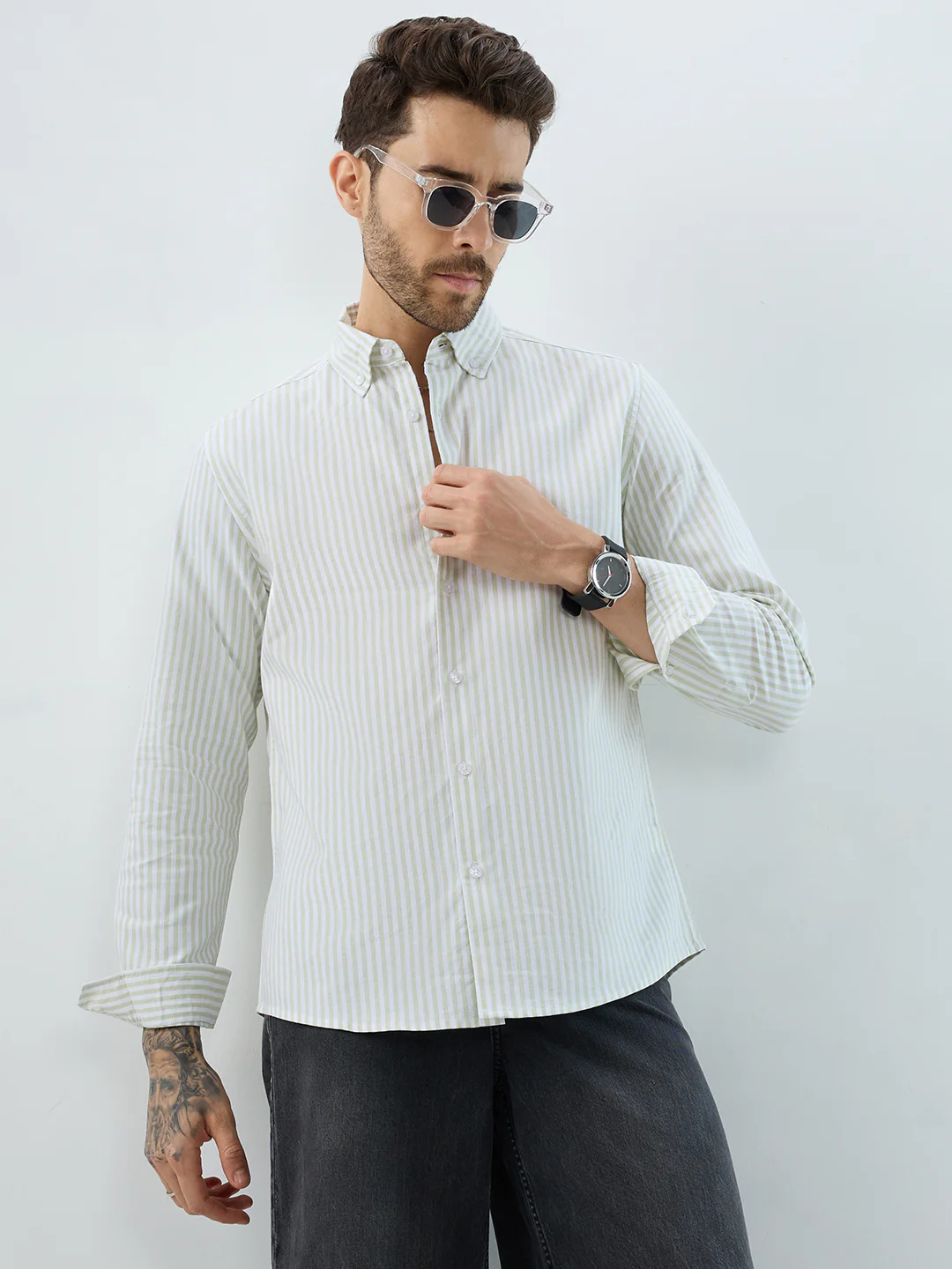 Green & White Candy Striped Oxford Button-Down Business Shirt - Image 2