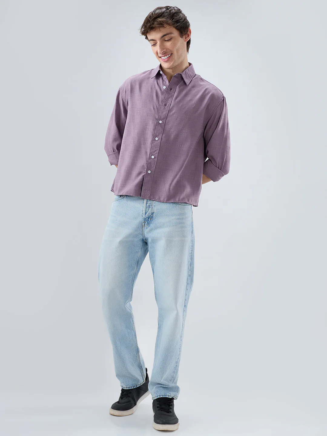 Heather Purple Soft Grid Textured Boxy Fit Crop Shirt - Image 7