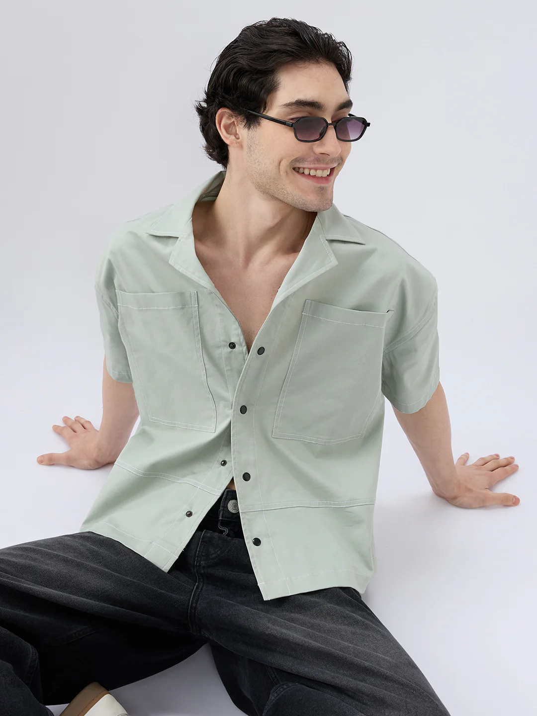 Icy Pistachio Notch Collar Oversized Cropped Utility Shirt