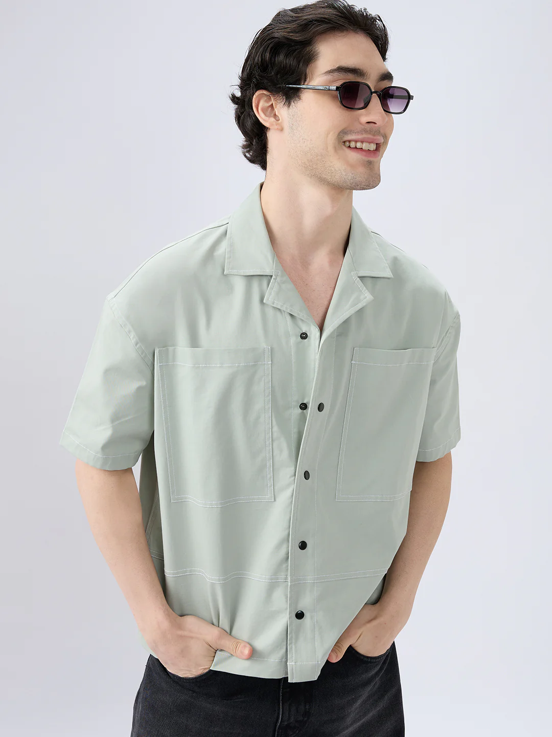 Icy Pistachio Notch Collar Oversized Cropped Utility Shirt - Image 2