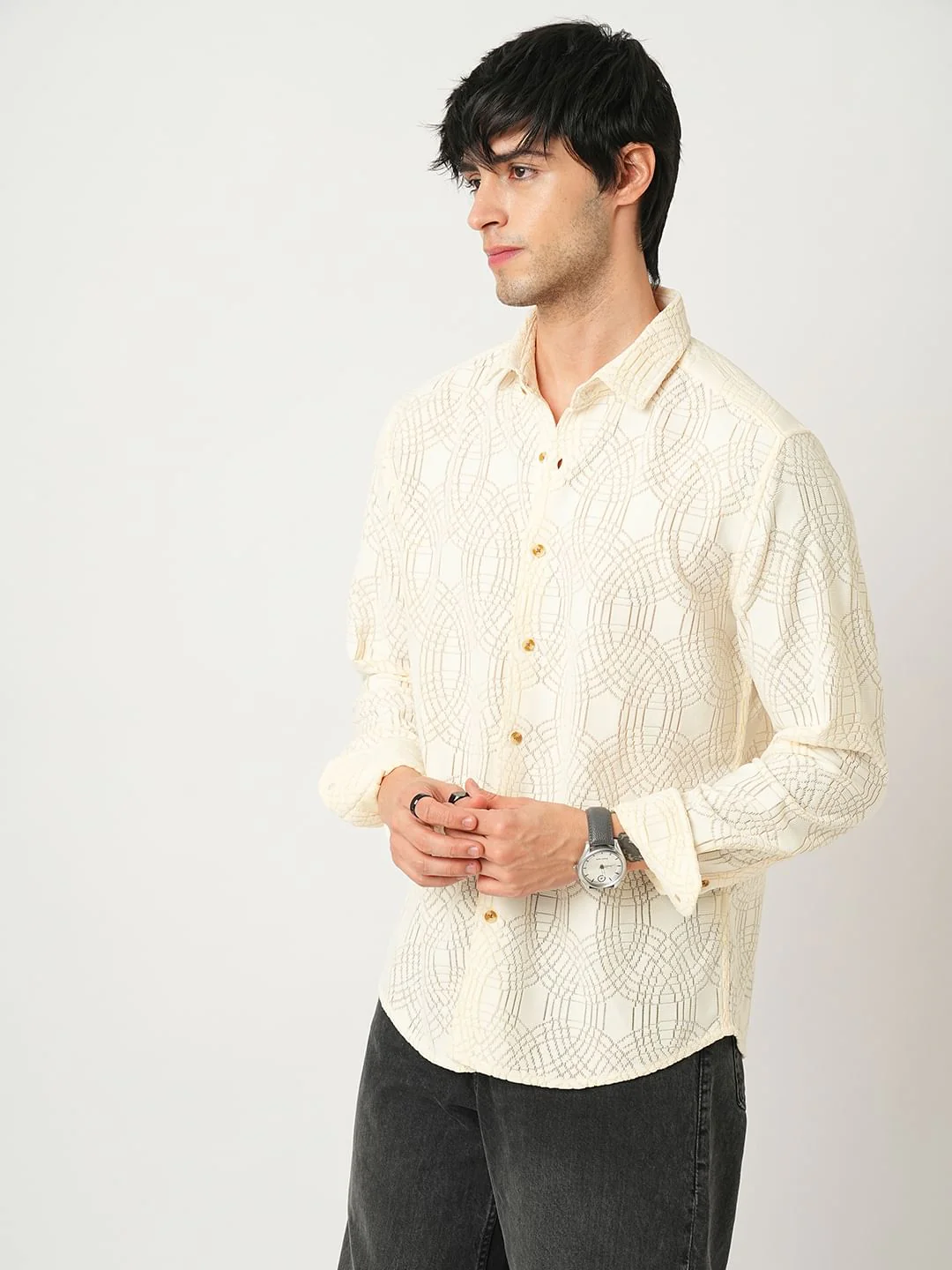 Interweave Geometric Textured Ivory Crochet Shirt - Image 6