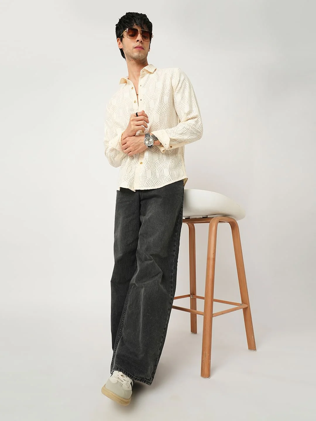 Interweave Geometric Textured Ivory Crochet Shirt - Image 8