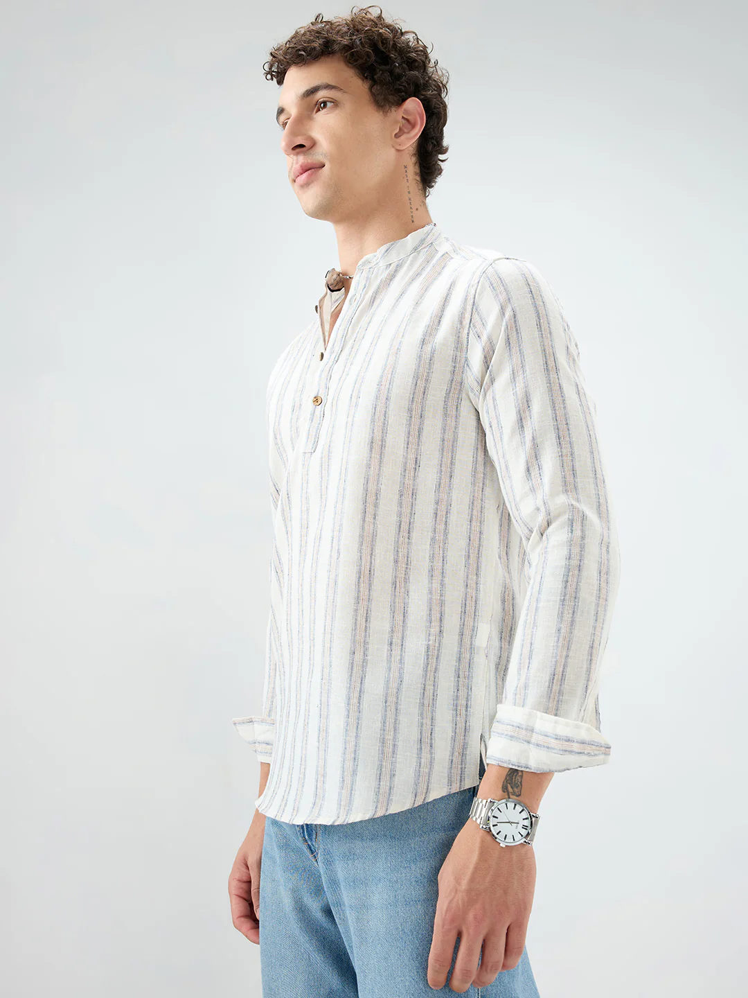 Ivory & Navy Multi-Line Vertical Striped Kurta - Image 6