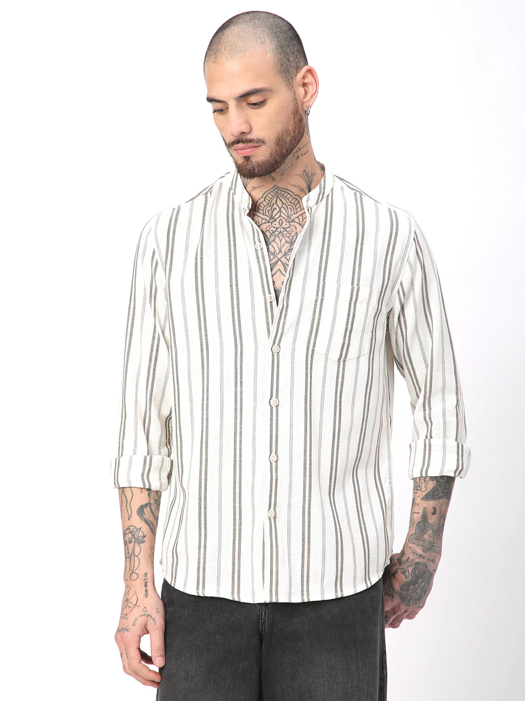 Ivory & Olive Vertical Striped Shirt - Image 5