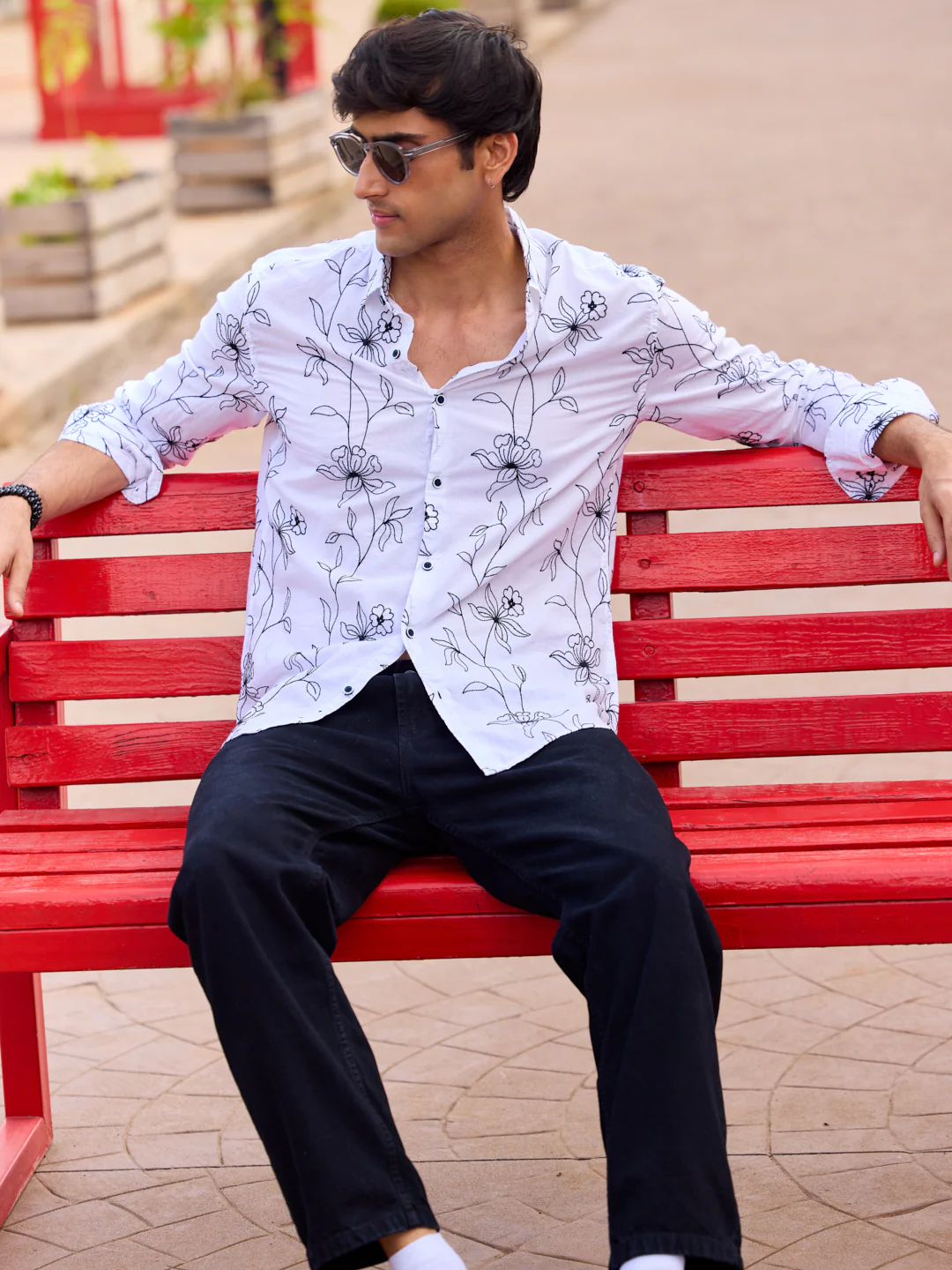 Lucullan Blooming Contrast Embroidered White Shirt - Image 4
