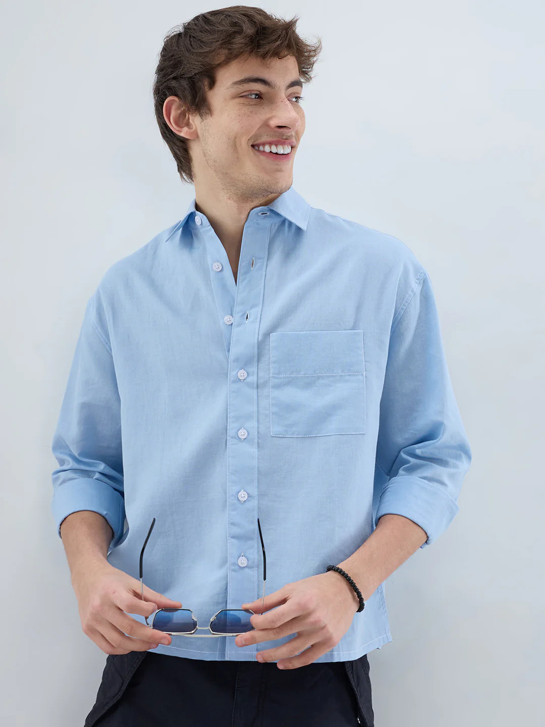 Luxe Blue Fine Sheer Linen Blend Boxy Fit Crop Shirt