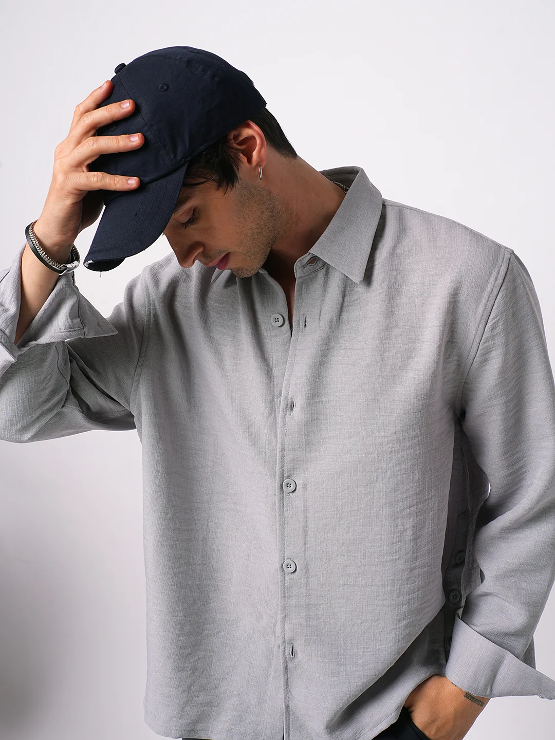 Minimalist Grey Slub Boxy Fit Side Slit Button Crop Shirt