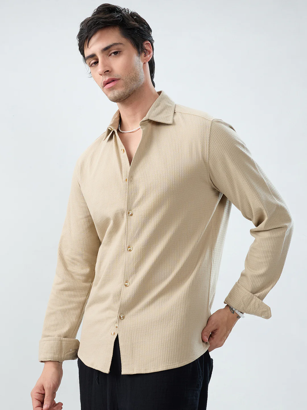 Mist Beige Jacquard Knit Everyday Shirt - Image 5