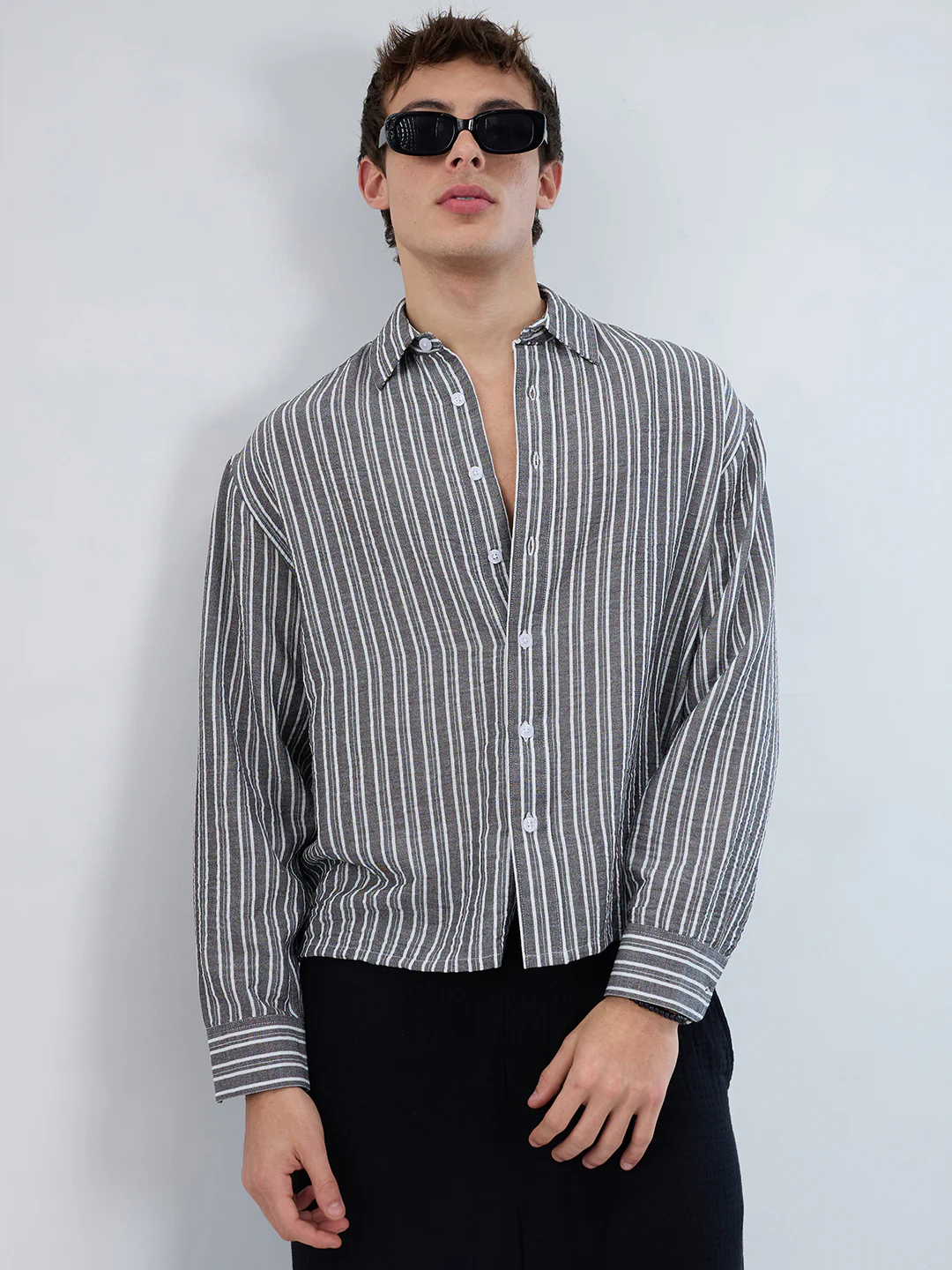 Monochrome Striped Crinkled Boxy-Fit Crop Shirt