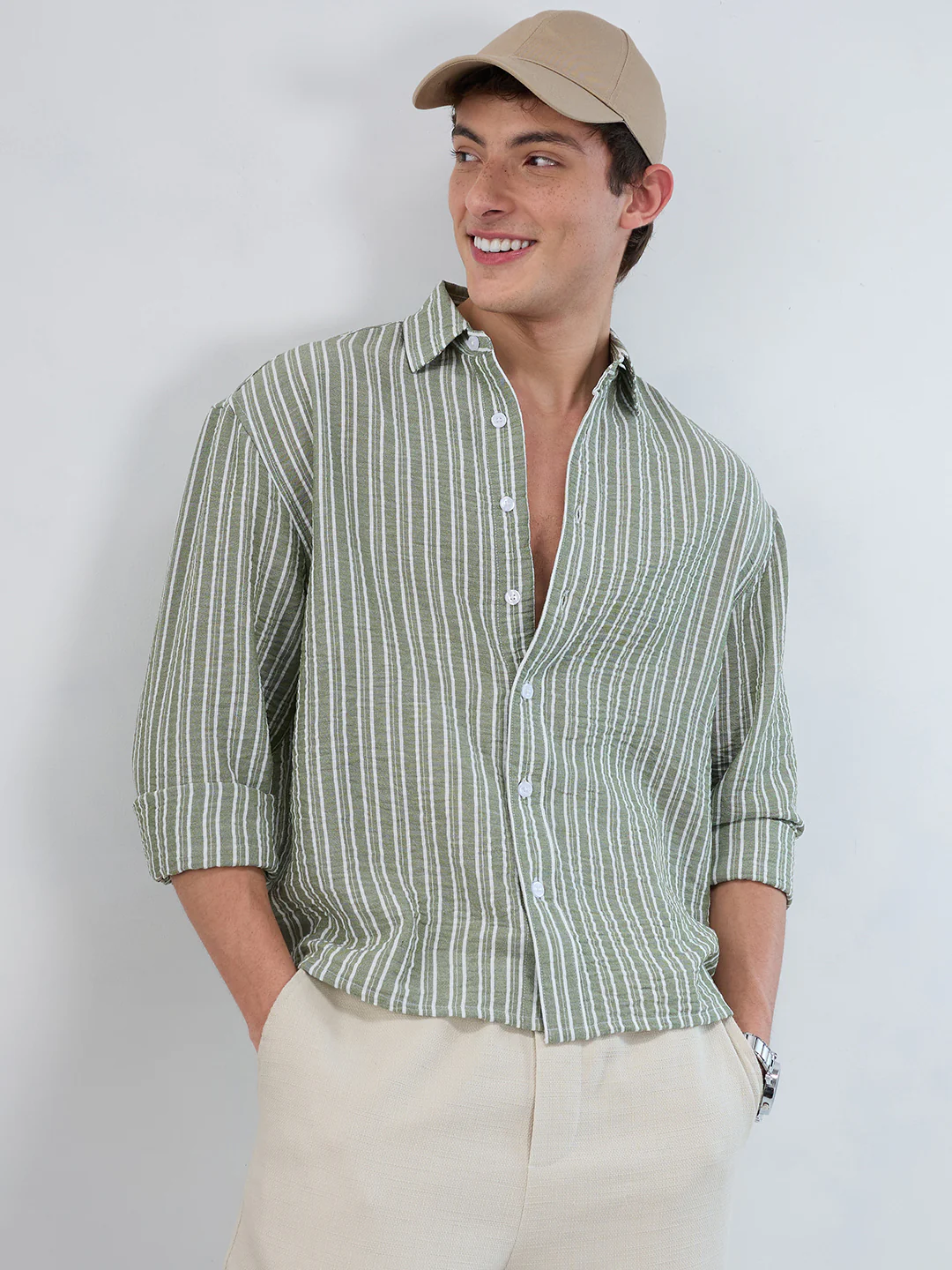 Moss Green Linear Striped Lightweight Crinkled Boxy Fit Crop Shirt