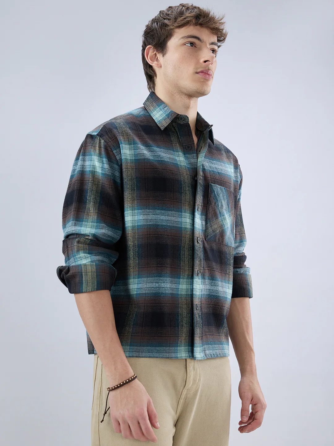 Multicolor Plaid Checked Boxy Fit Crop Flannel Shirt - Image 6