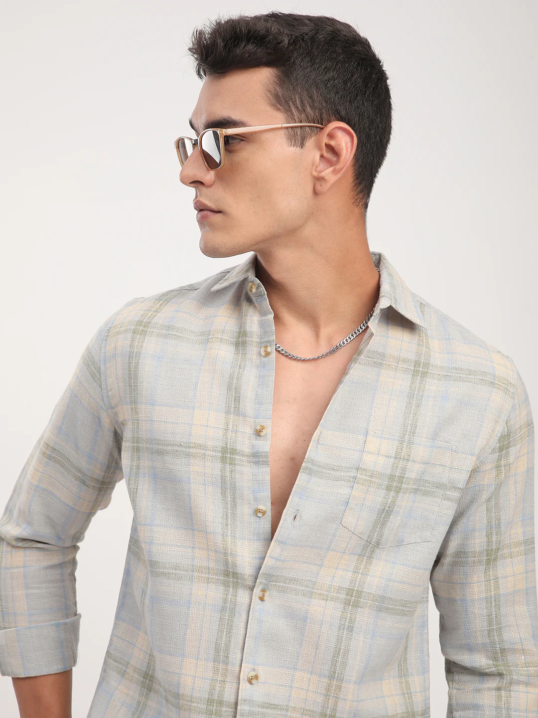 Muted Sky Multicolour Plaid Checks Linen Blend Shirt - Image 2