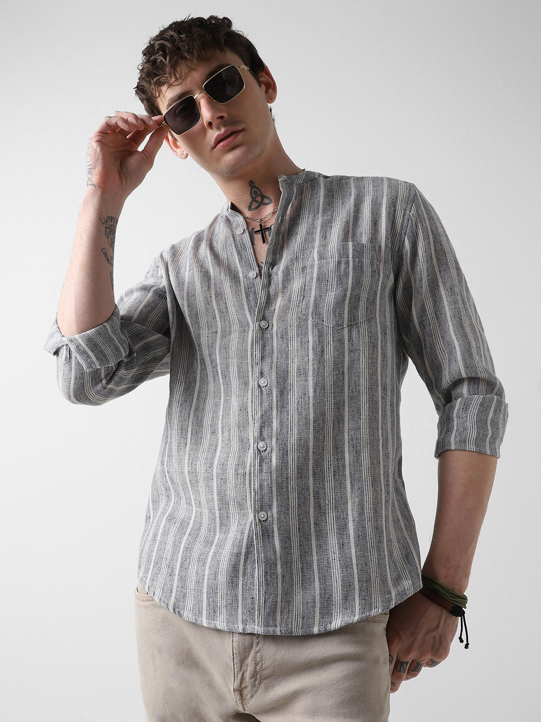 Navy & White Textured Vertical Striped Shirt - Image 4