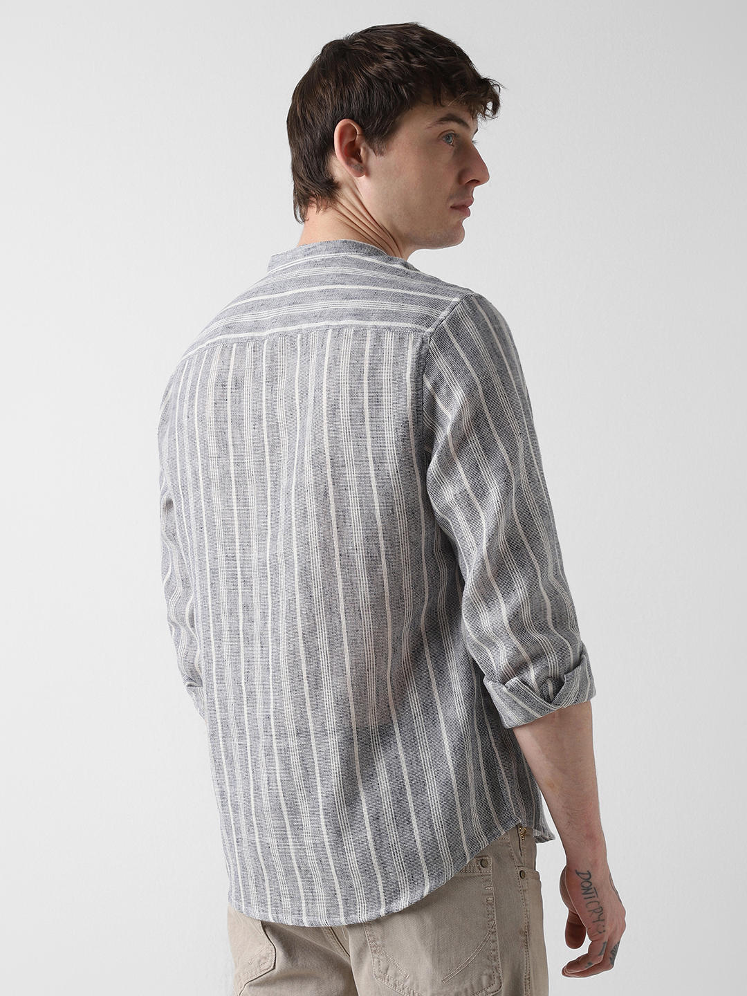 Navy & White Textured Vertical Striped Shirt - Image 7