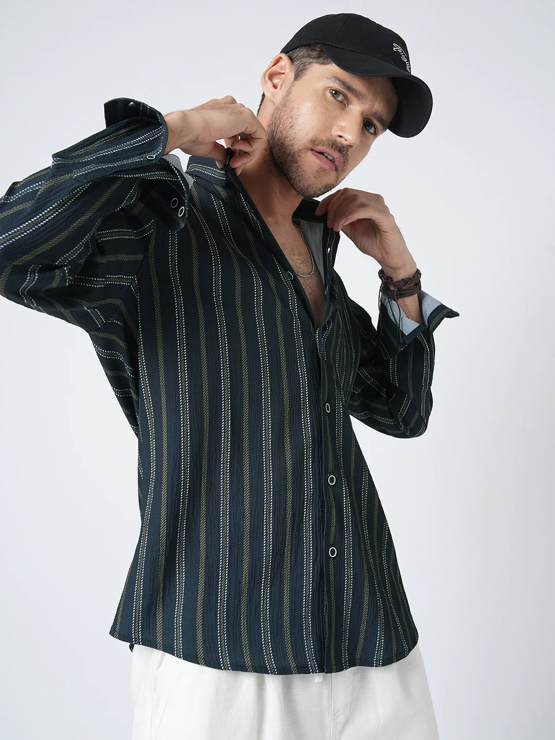 Navy & Olive Contrast Striped Crinkled Shirt - Image 2