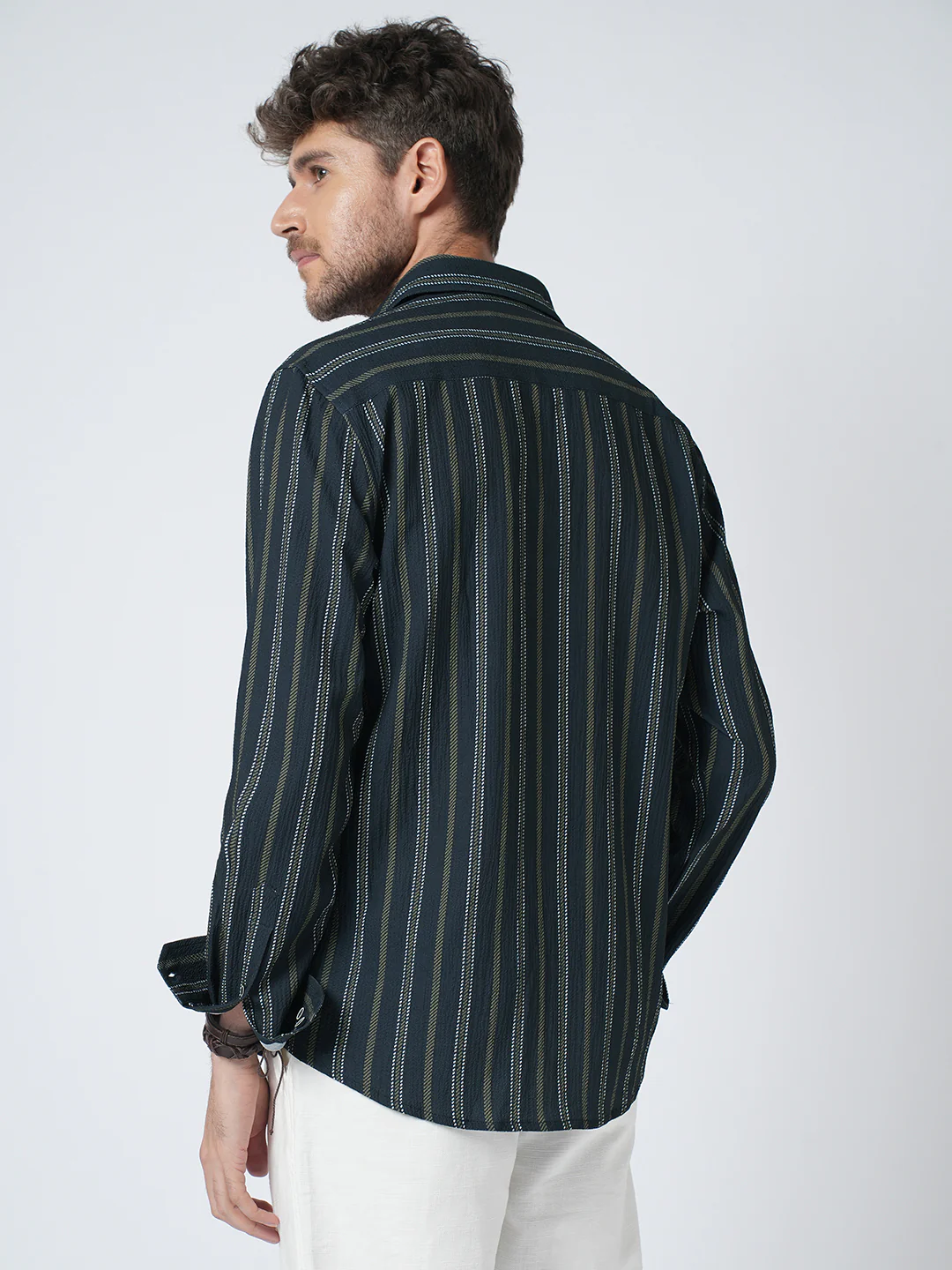 Navy & Olive Contrast Striped Crinkled Shirt - Image 7