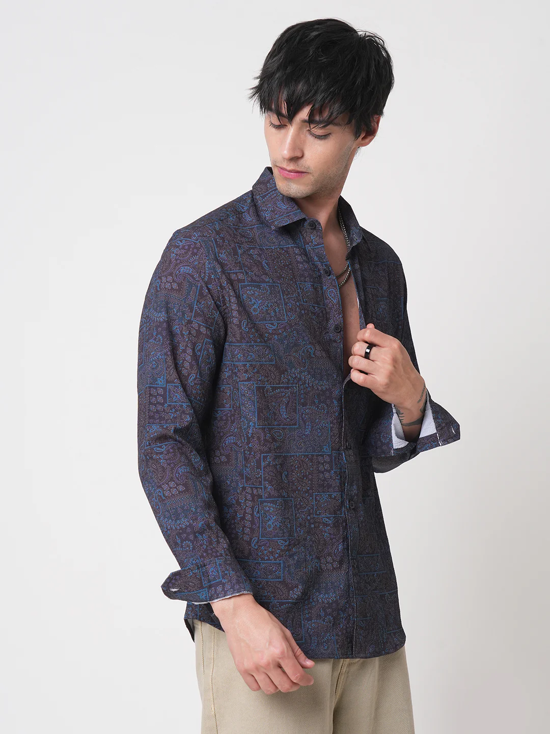Navy Paisley Printed Creased Shirt - Image 5