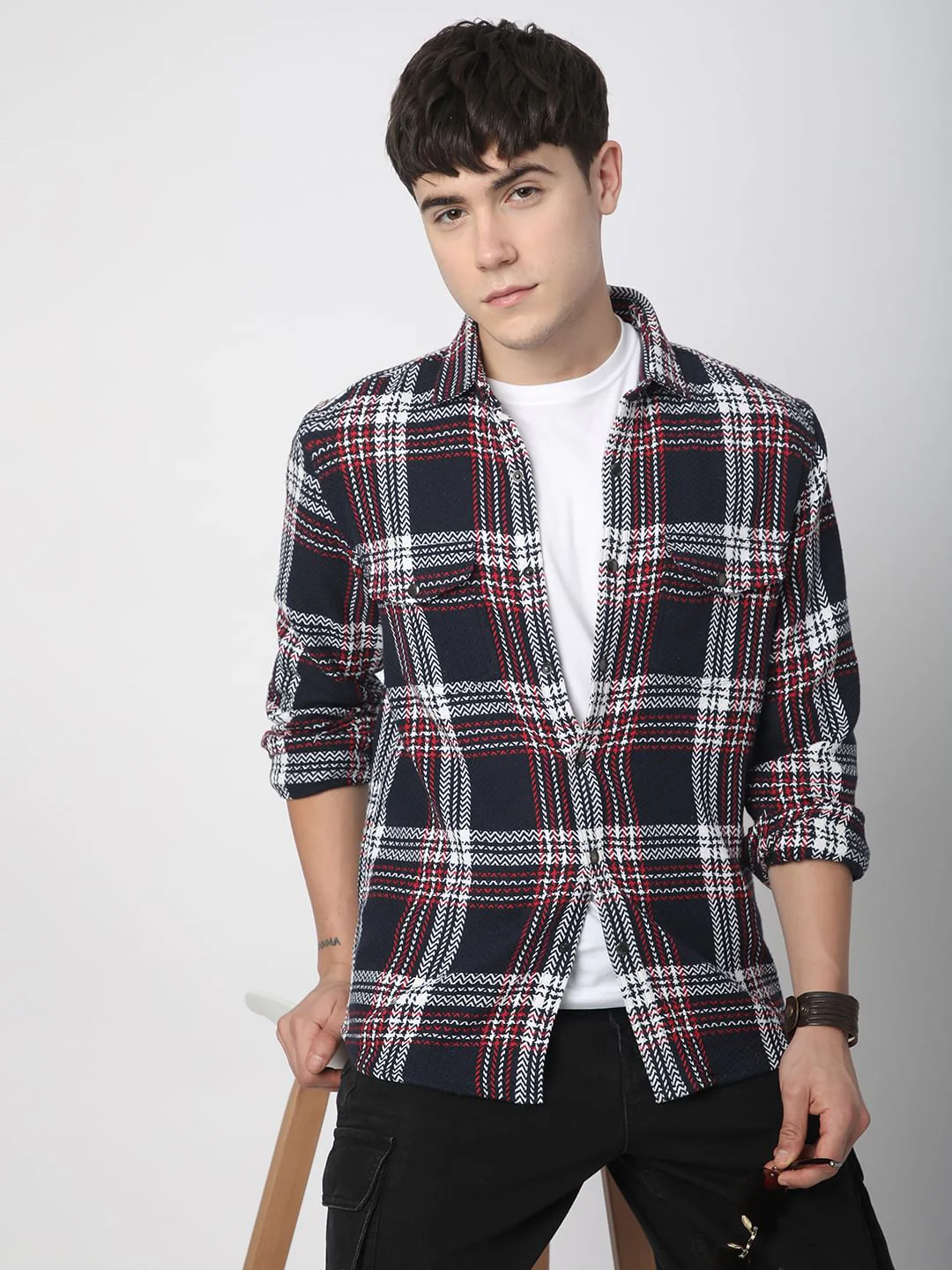 Navy Tweed Checks Double Flap Pocket Overshirt - Image 2