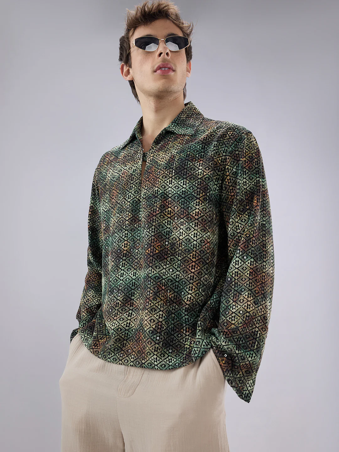 Noor Green Sequin Embroidered Cuffless Oversized Shirt