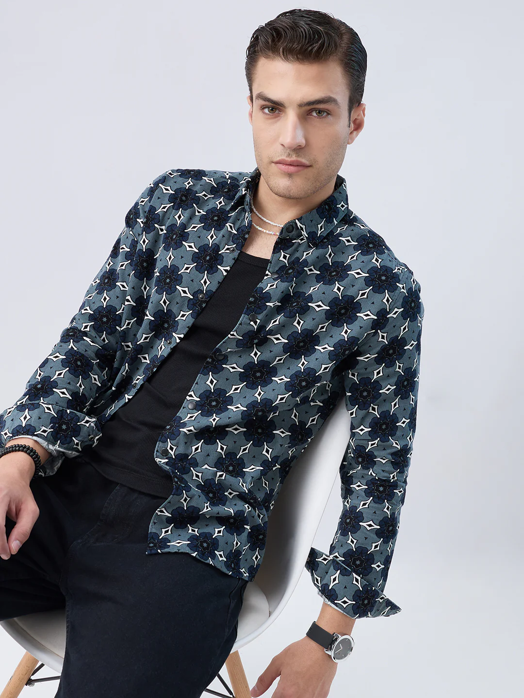 Ocean Blue Motif Bloom Corduroy Shirt