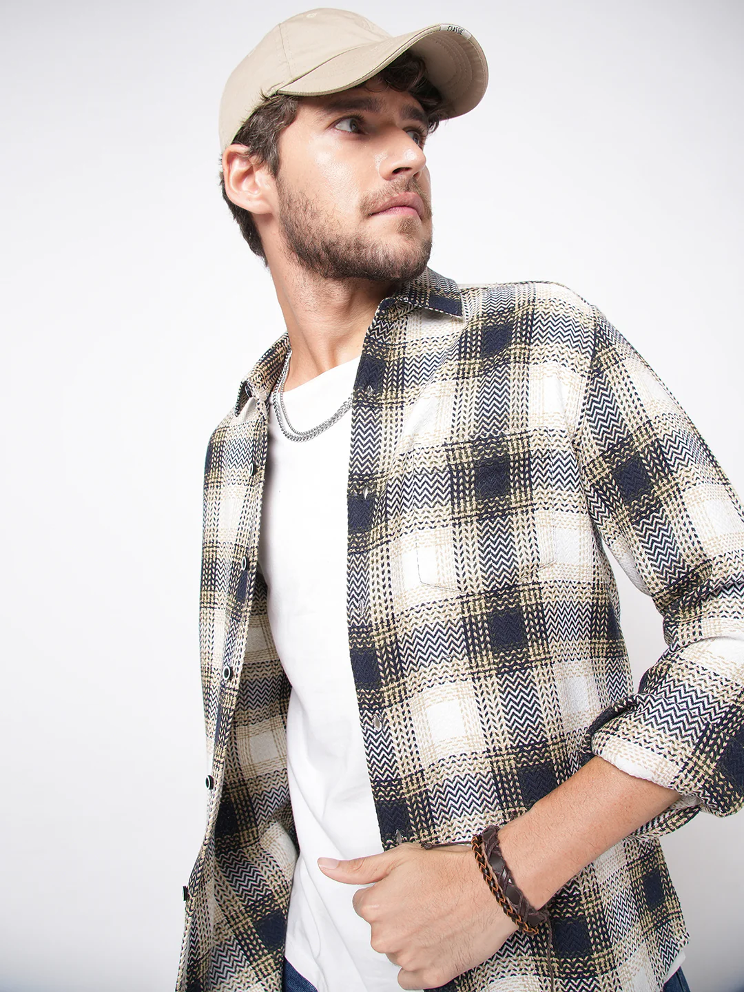 Off-White & Black Chevron Echo Tweed Checks Shirt
