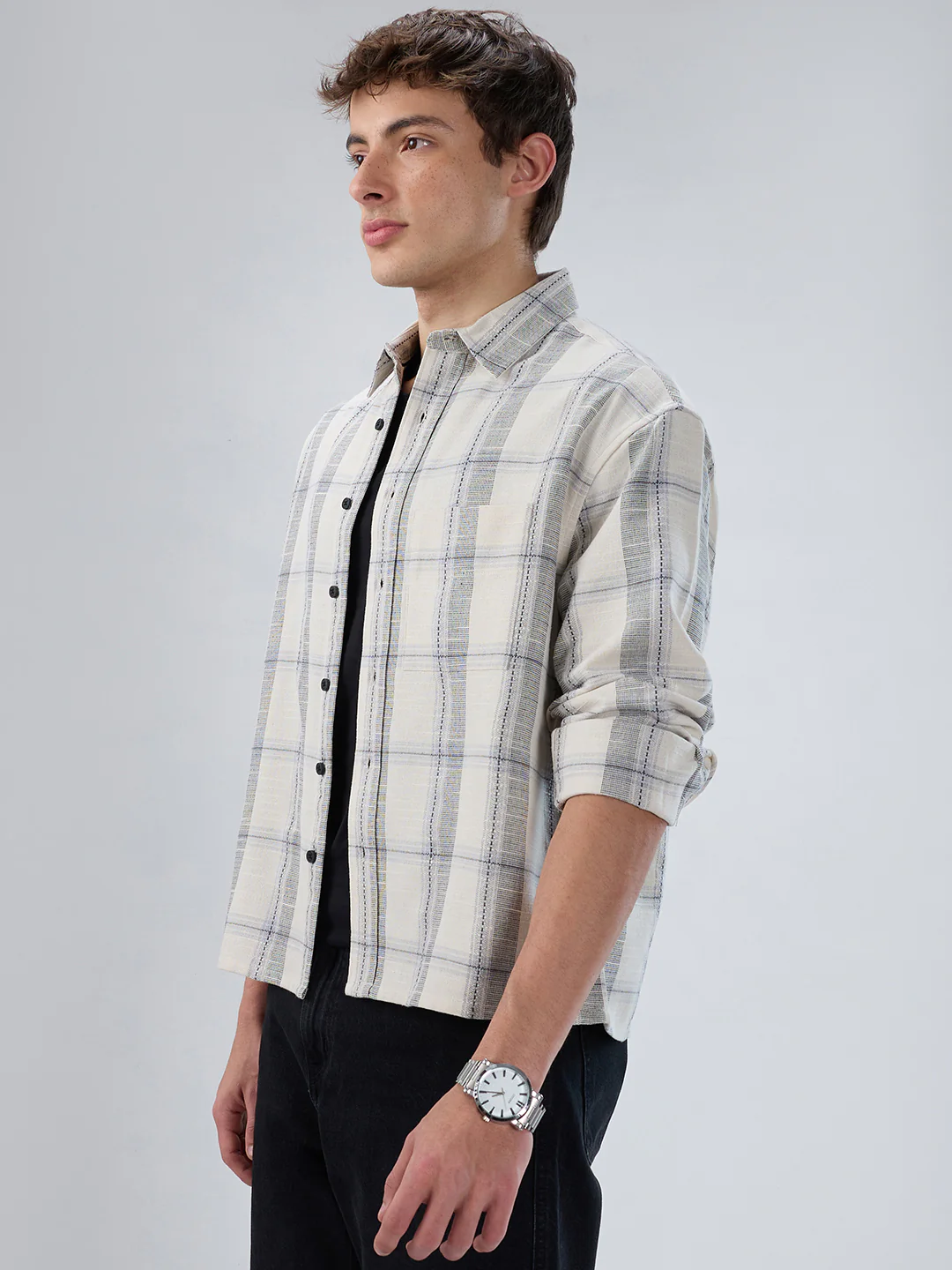 Off-White & Grey Jacquard Weave Checked Boxy Fit Crop Shirt - Image 6