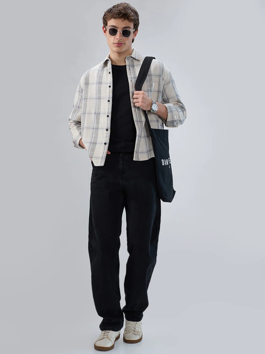 Off-White & Grey Jacquard Weave Checked Boxy Fit Crop Shirt - Image 8