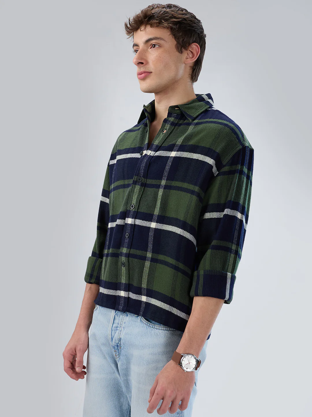 Olive & Navy Checked Boxy Fit Crop Flannel Shirt - Image 5
