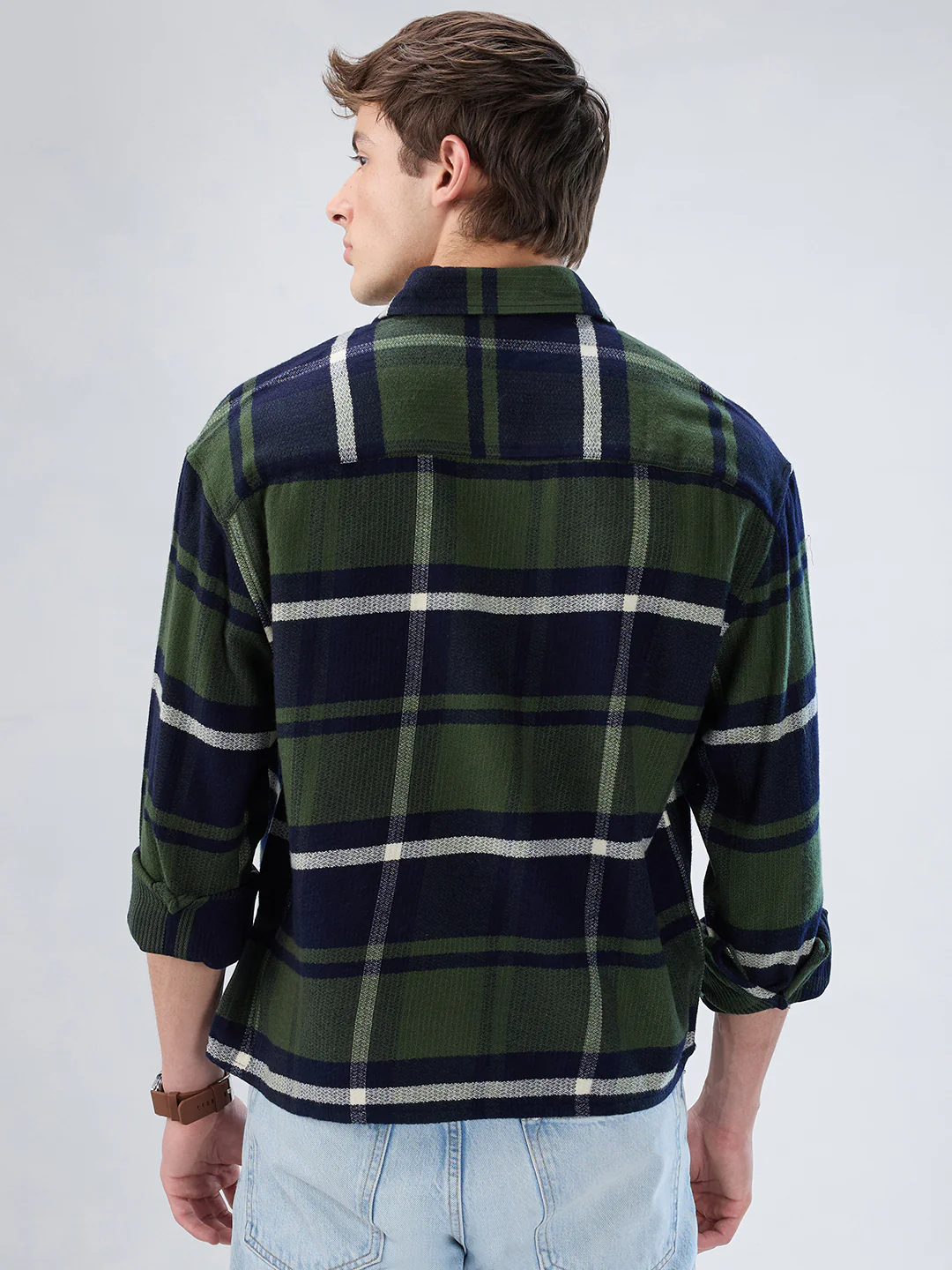 Olive & Navy Checked Boxy Fit Crop Flannel Shirt - Image 6