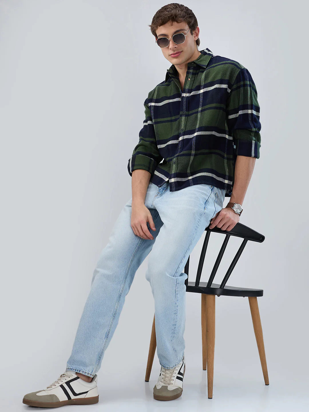 Olive & Navy Checked Boxy Fit Crop Flannel Shirt - Image 7