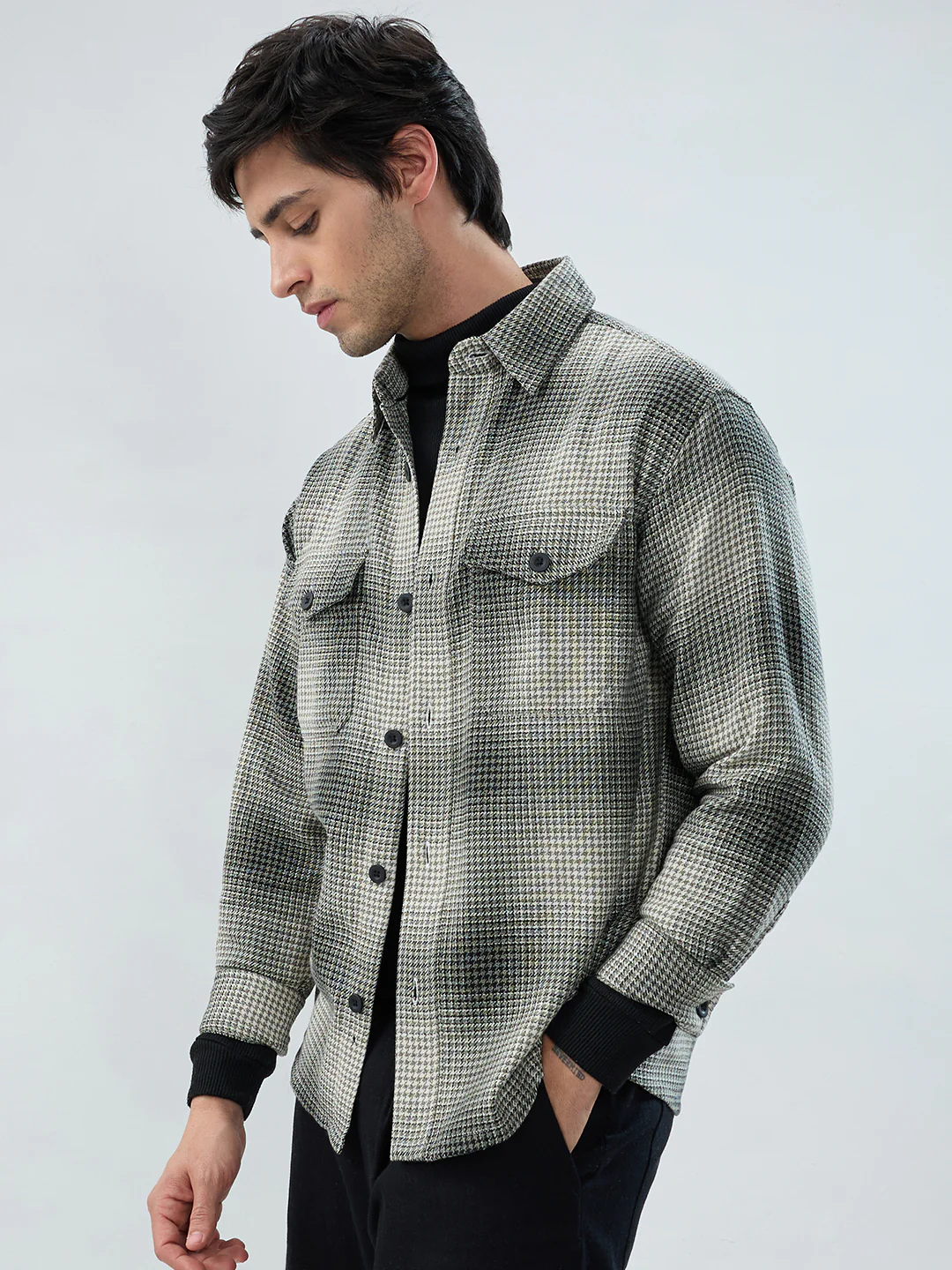 Olive & Black Houndstooth Checks Double Pocket Flannel Shirt - Image 5