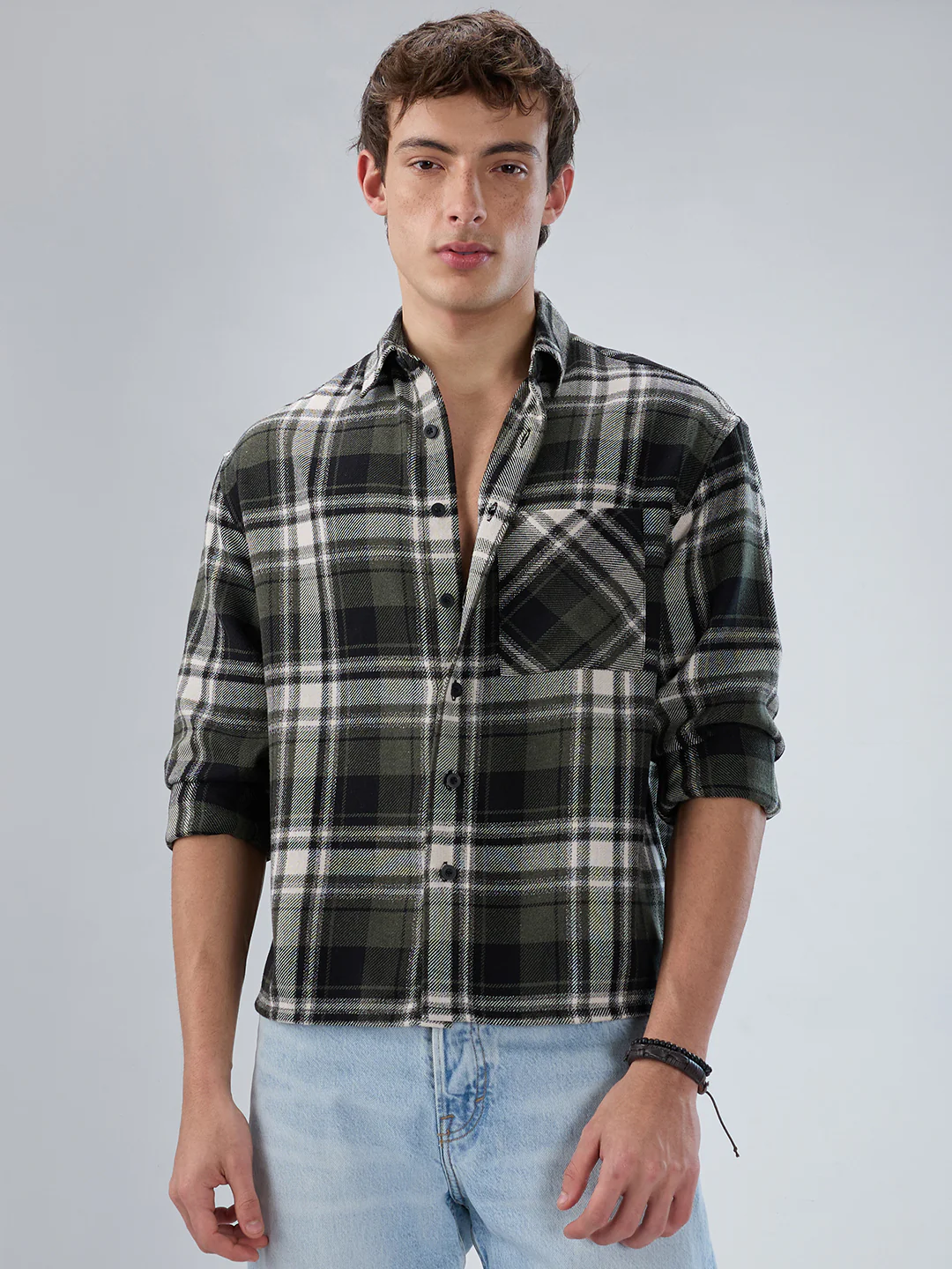 Olive & Black Plaid Checks Boxy Fit Crop Shirt - Image 5