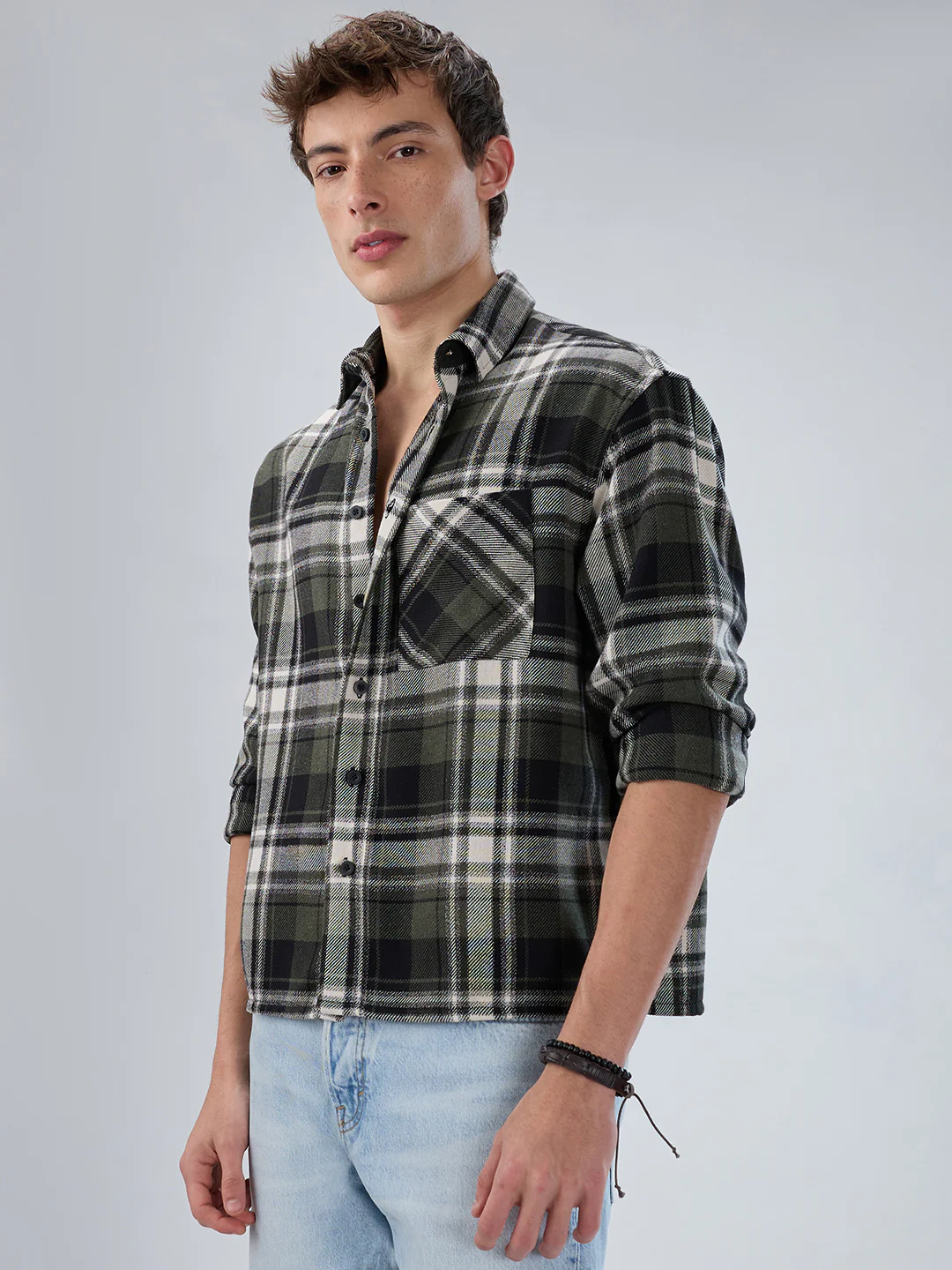 Olive & Black Plaid Checks Boxy Fit Crop Shirt - Image 6