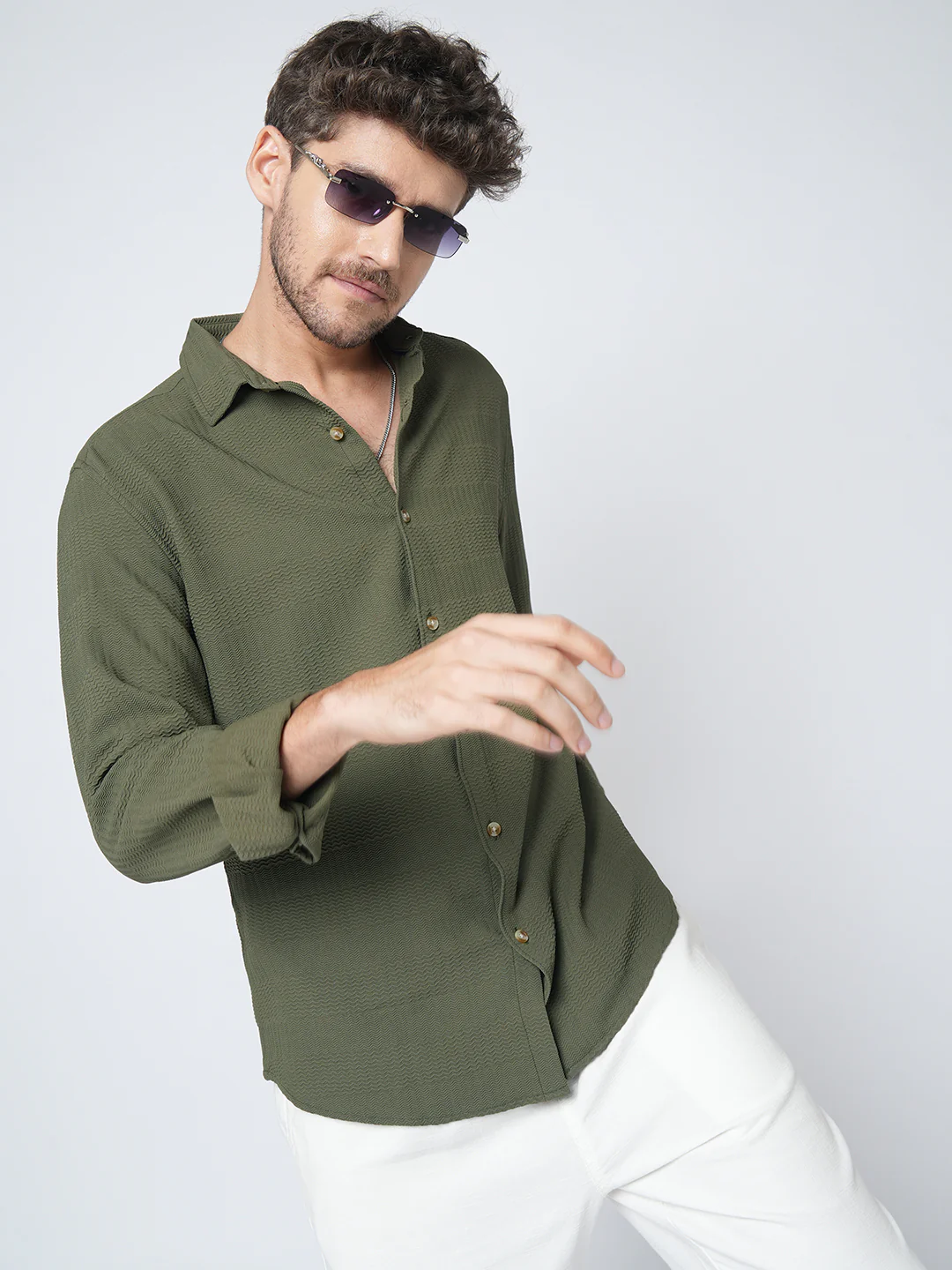 Olive Green Terrain Ripple Detail Textured Shirt