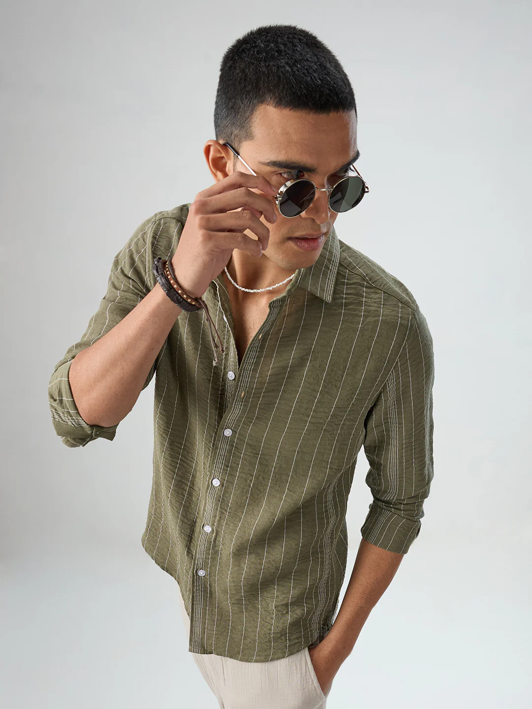 Olive Striped Crinkled Shirt