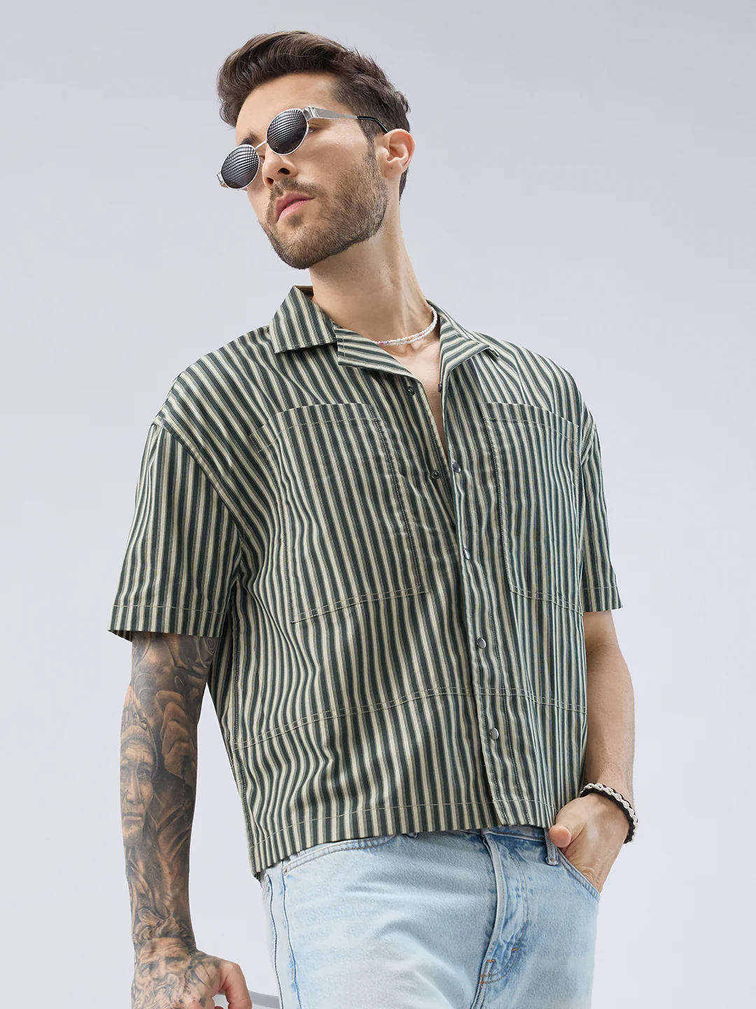 Olive Striped Twin Pocket Oversized Crop Shirt