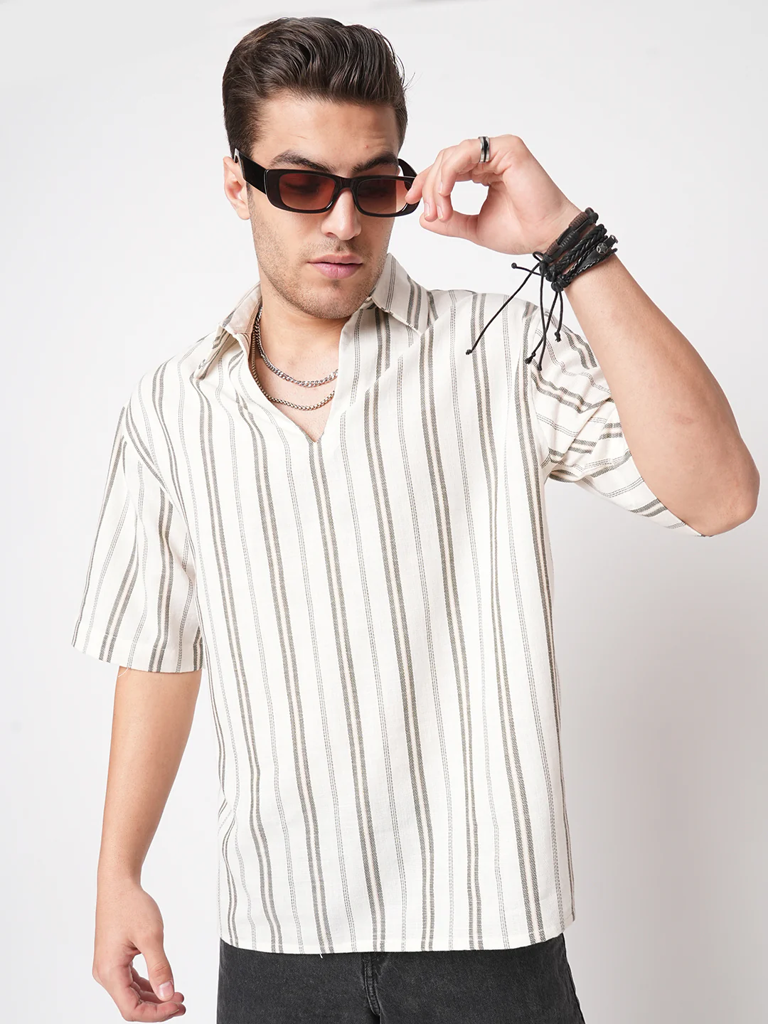 Olive & White Vertical Stripes Polo Shirt