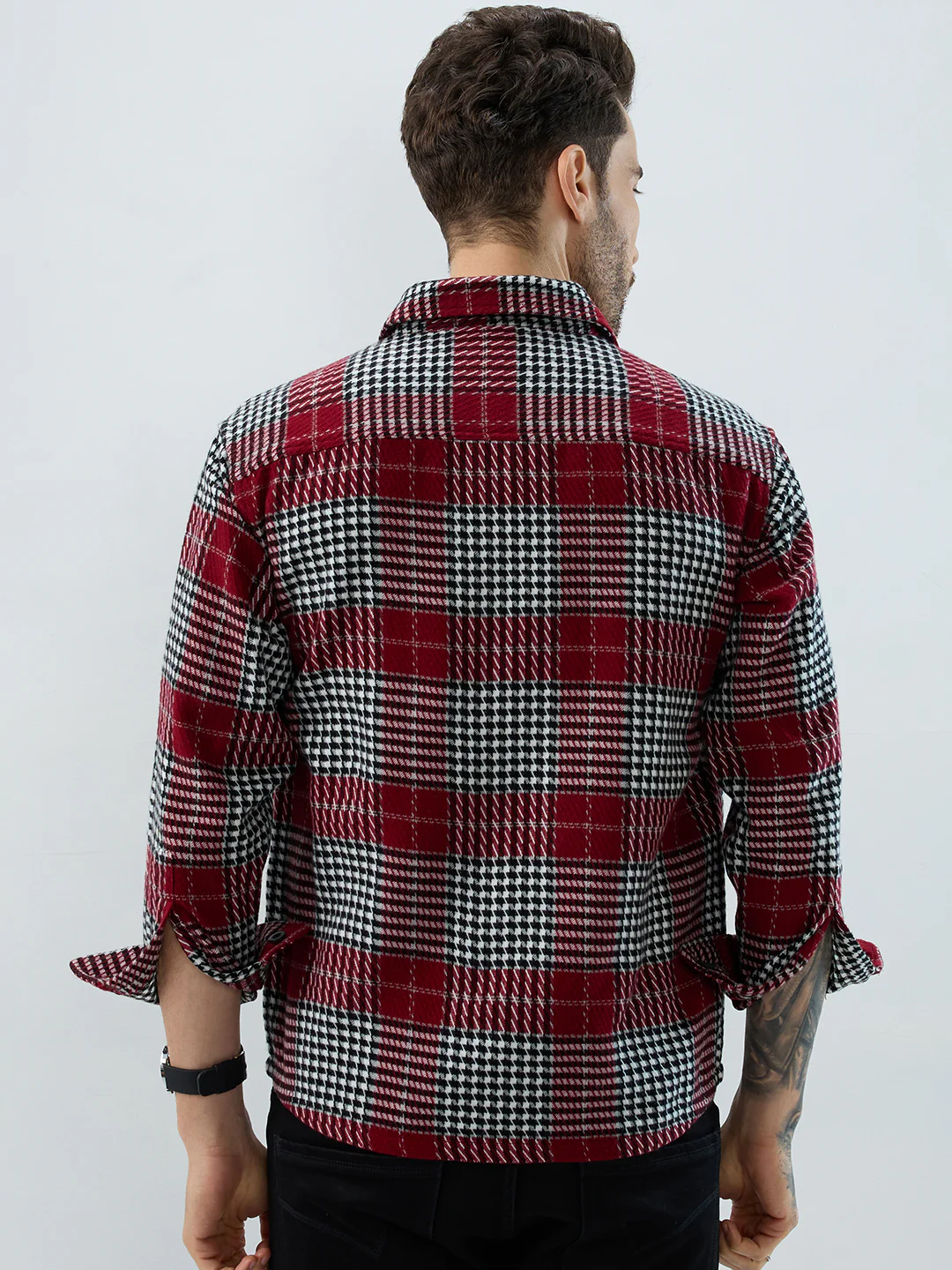 Opulent Red Houndstooth Checkmate Twin Pocket Flannel Shirt - Image 7