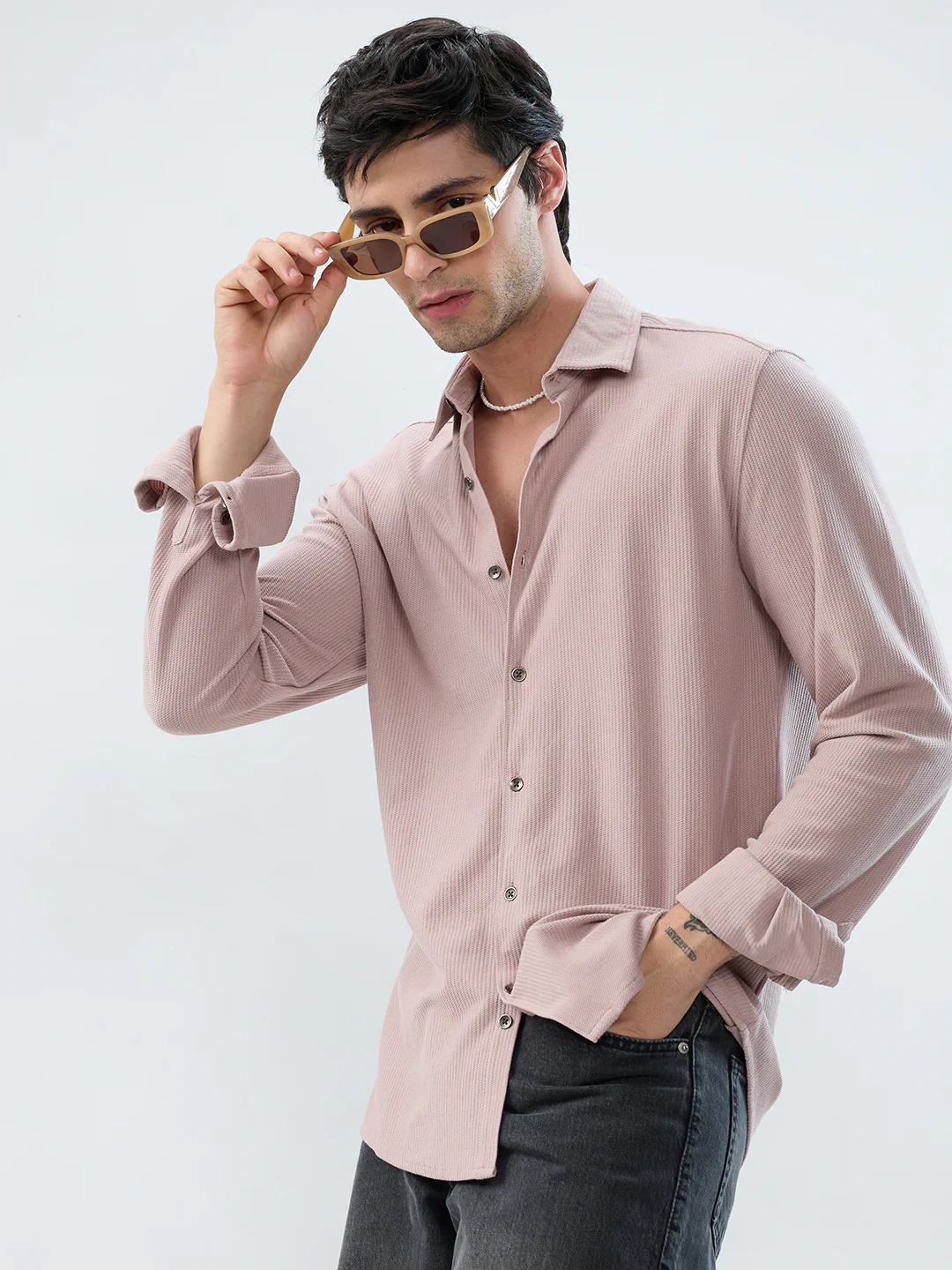 Oyster Pink Textured Knit Shirt - Image 5