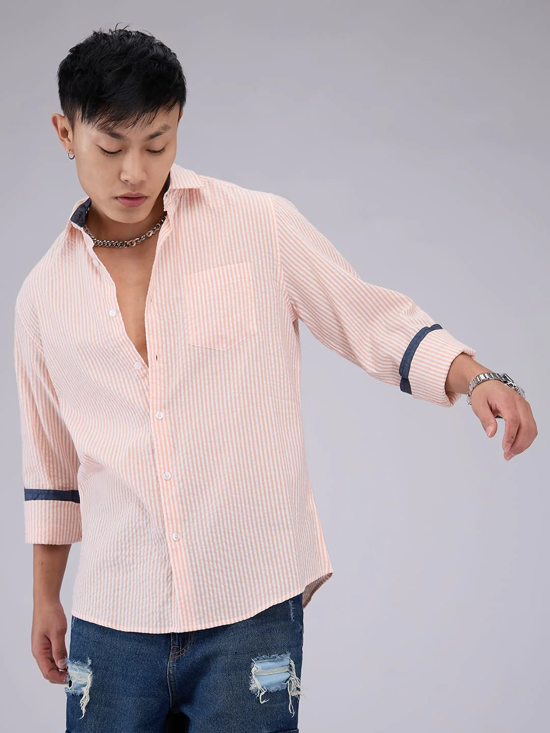 Peach & White Candy Striped Seersucker Shirt - Image 2