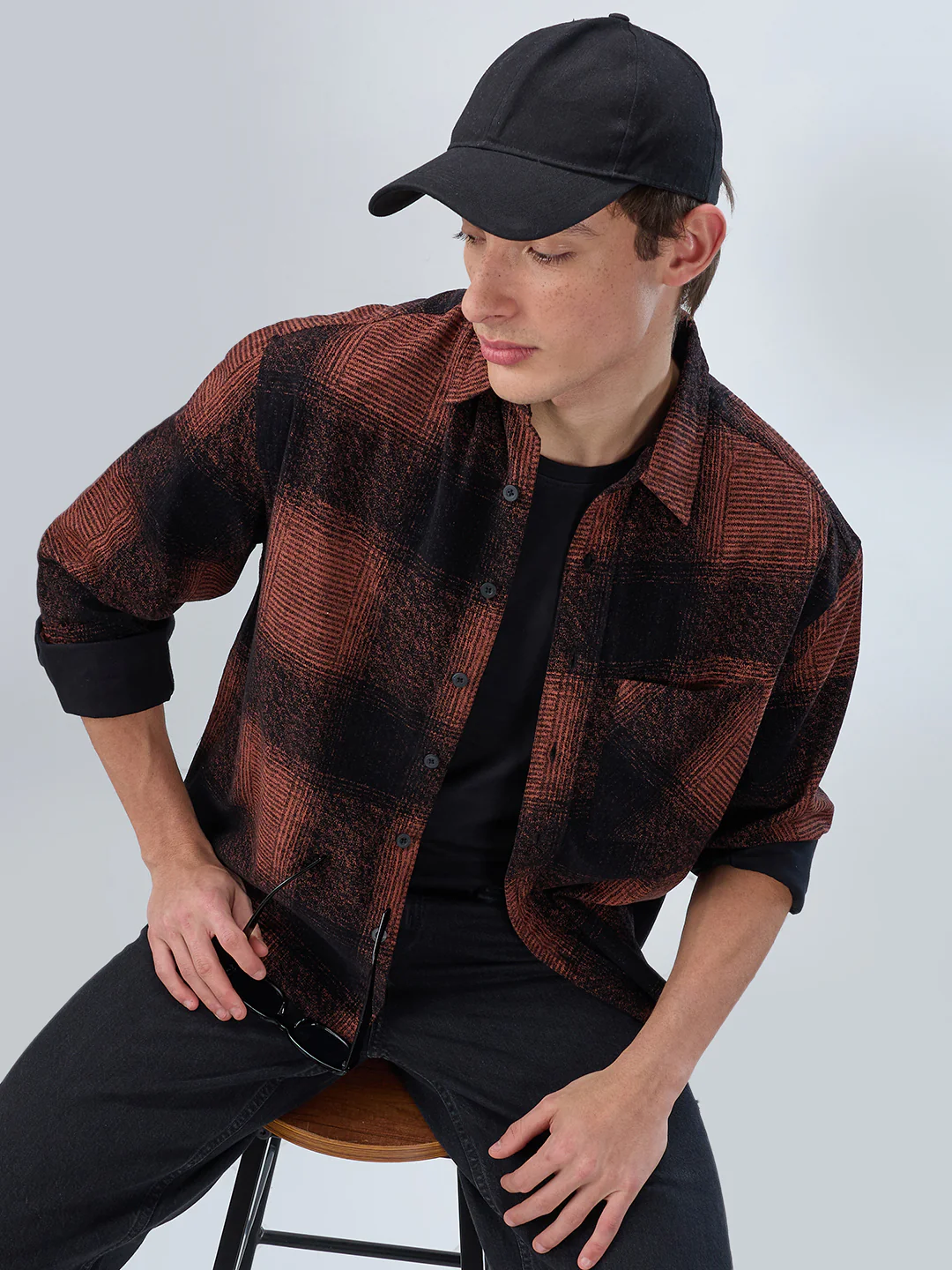 Peach & Black Static Brushed Corduroy Boxy Fit Crop Overshirt - Image 2