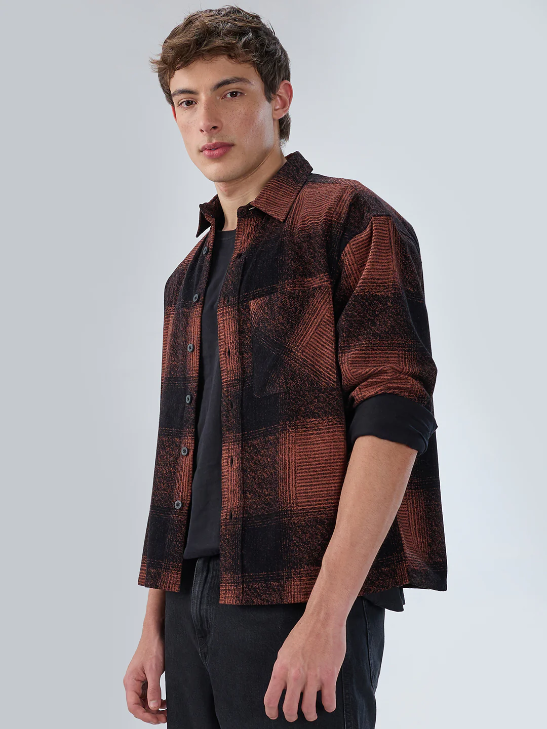 Peach & Black Static Brushed Corduroy Boxy Fit Crop Overshirt - Image 6