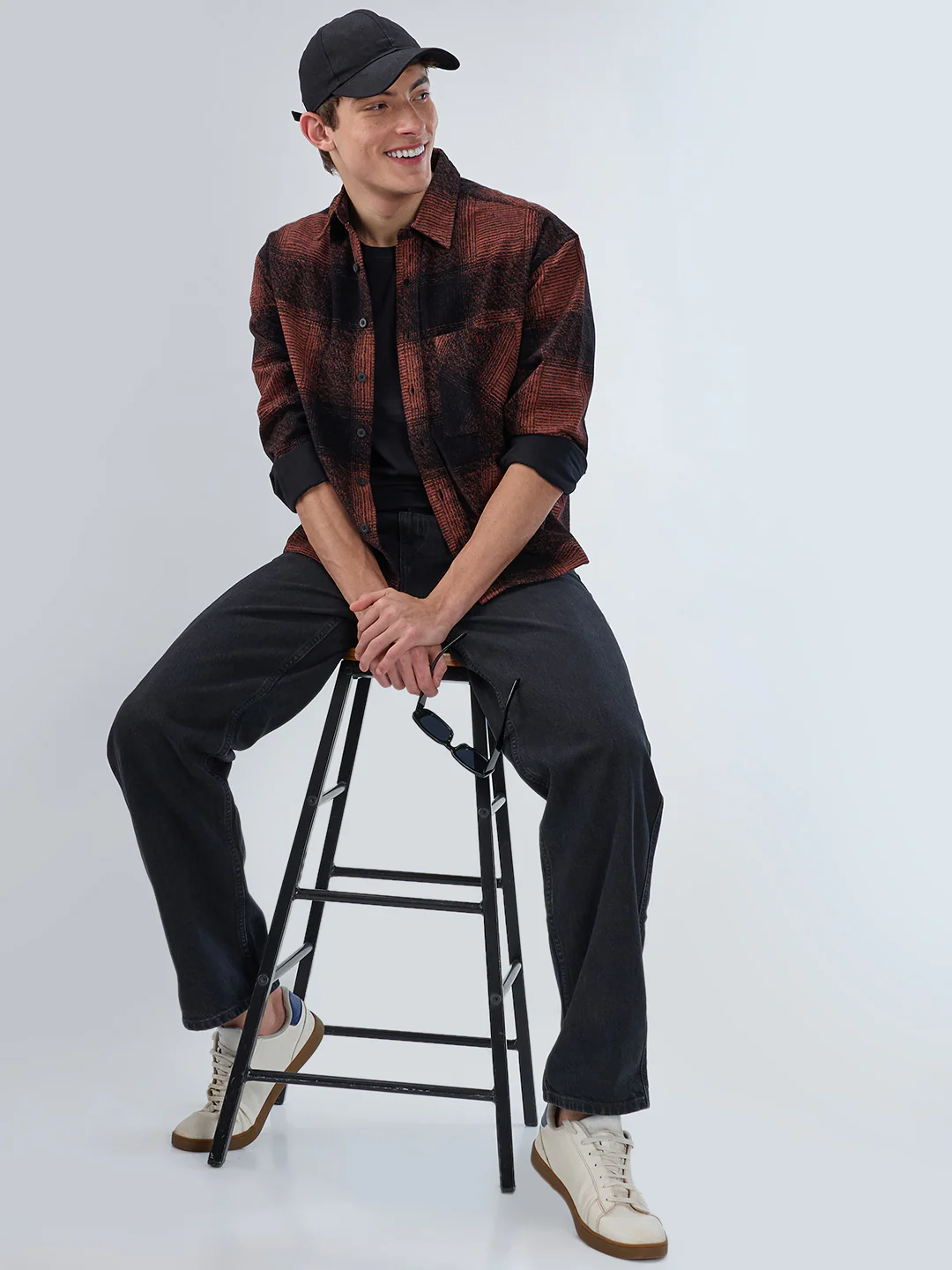 Peach & Black Static Brushed Corduroy Boxy Fit Crop Overshirt - Image 8