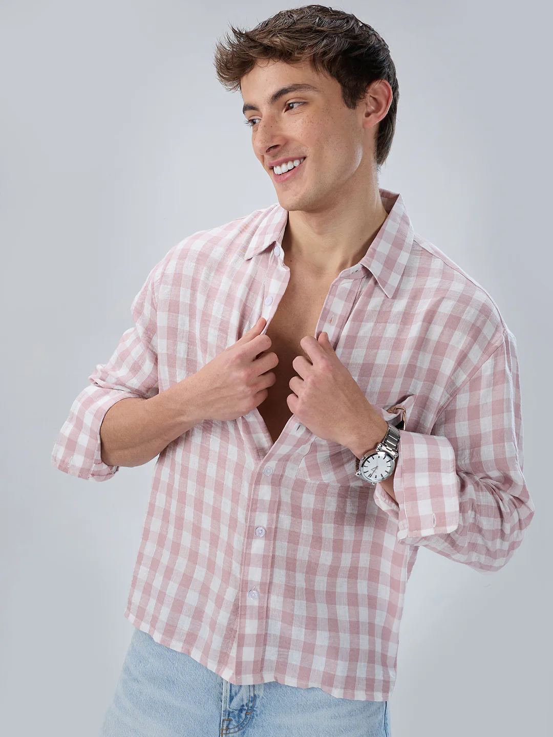 Peachy Pink Gingham Checks Boxy Fit Crop Shirt
