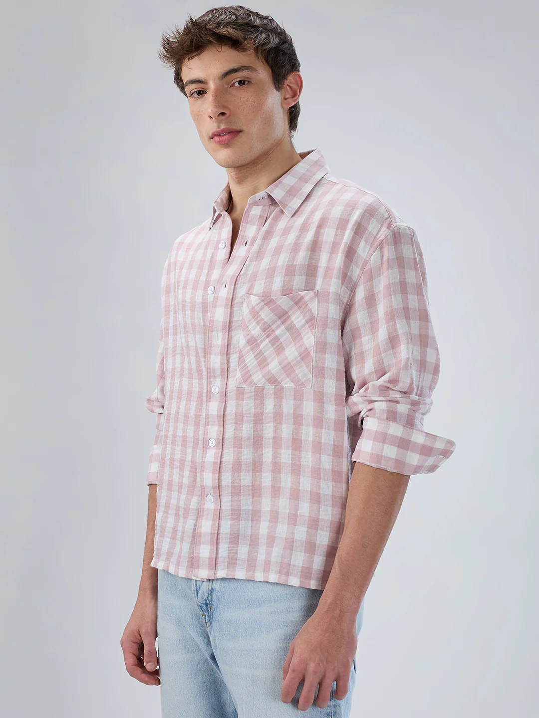 Peachy Pink Gingham Checks Boxy Fit Crop Shirt - Image 5