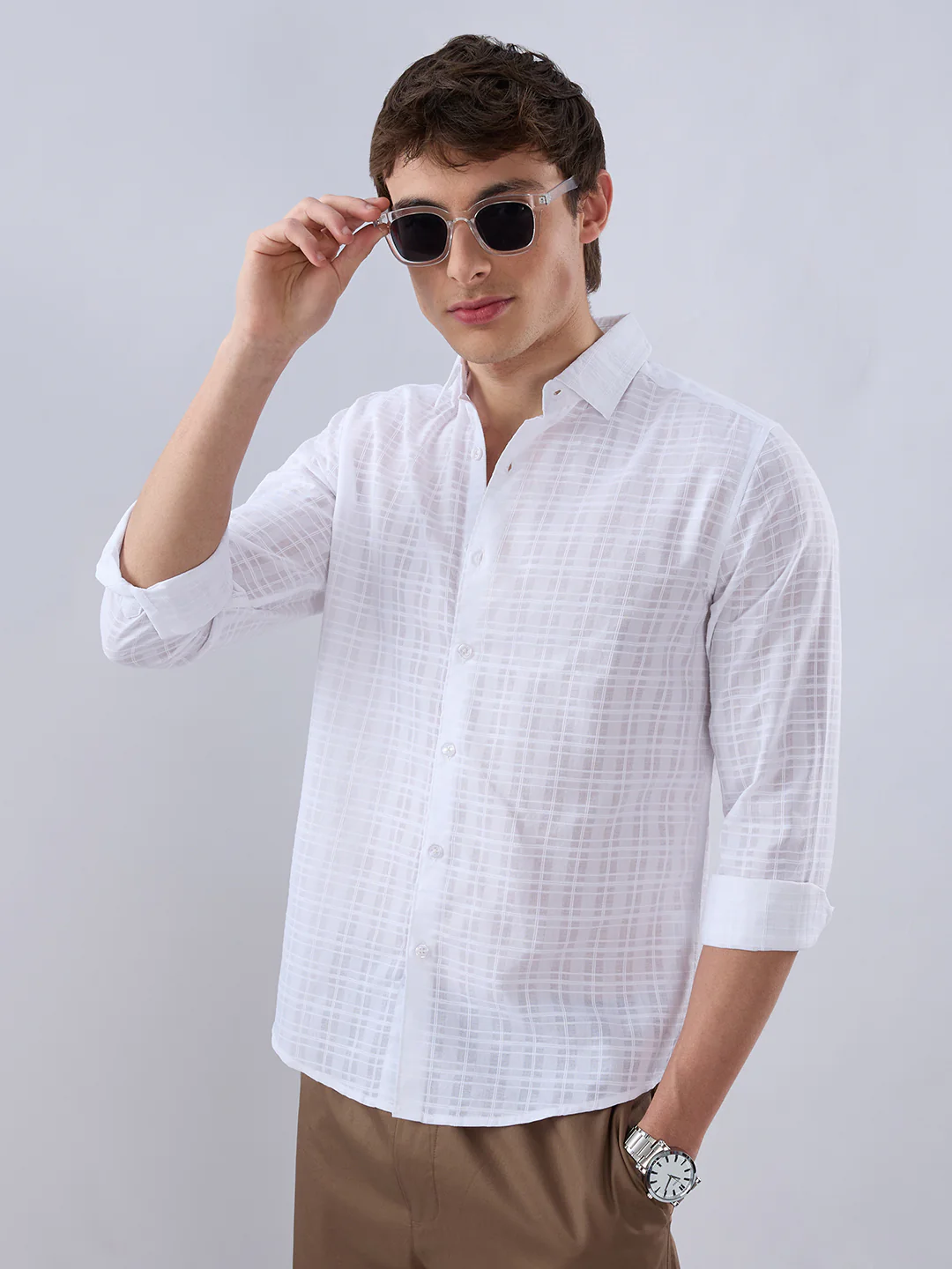 Pearl White Textured Sheer Checks Shirt - Image 5