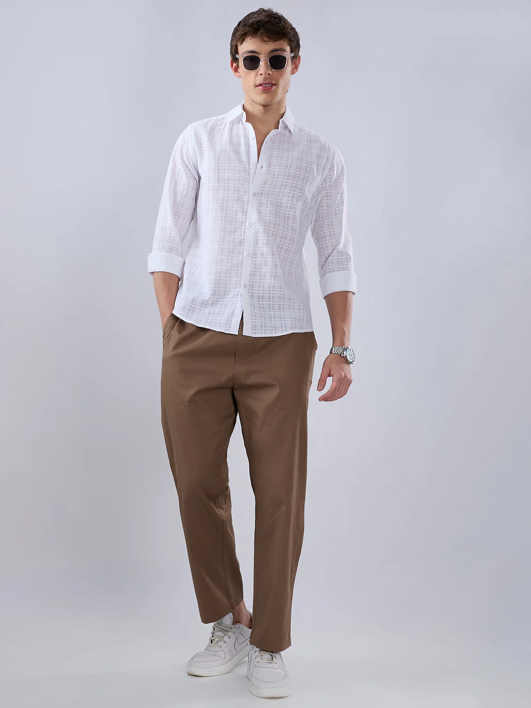 Pearl White Textured Sheer Checks Shirt - Image 7