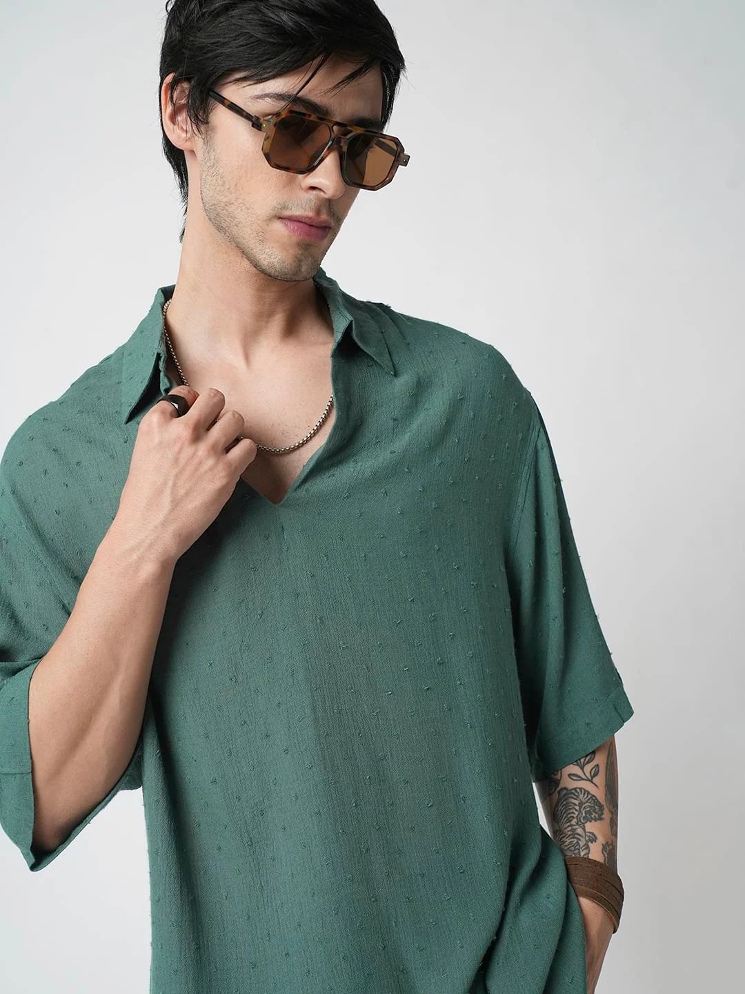 Persian Green Ditsy Dobby Oversized Polo Shirt - Image 2